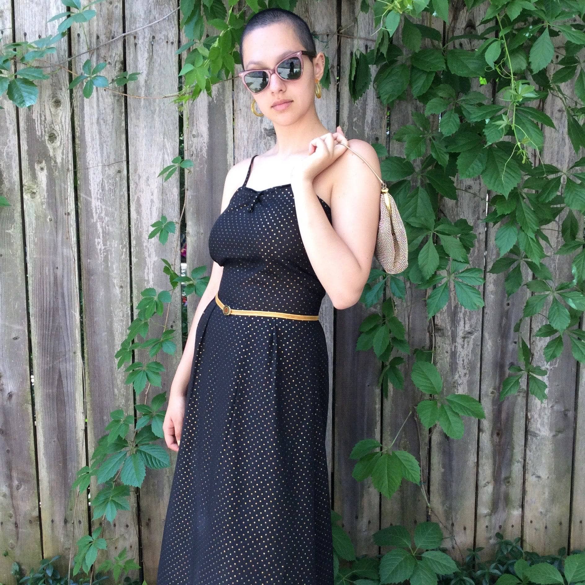1990s Black and Gold-dotted Midi Dress S/M - Image 3