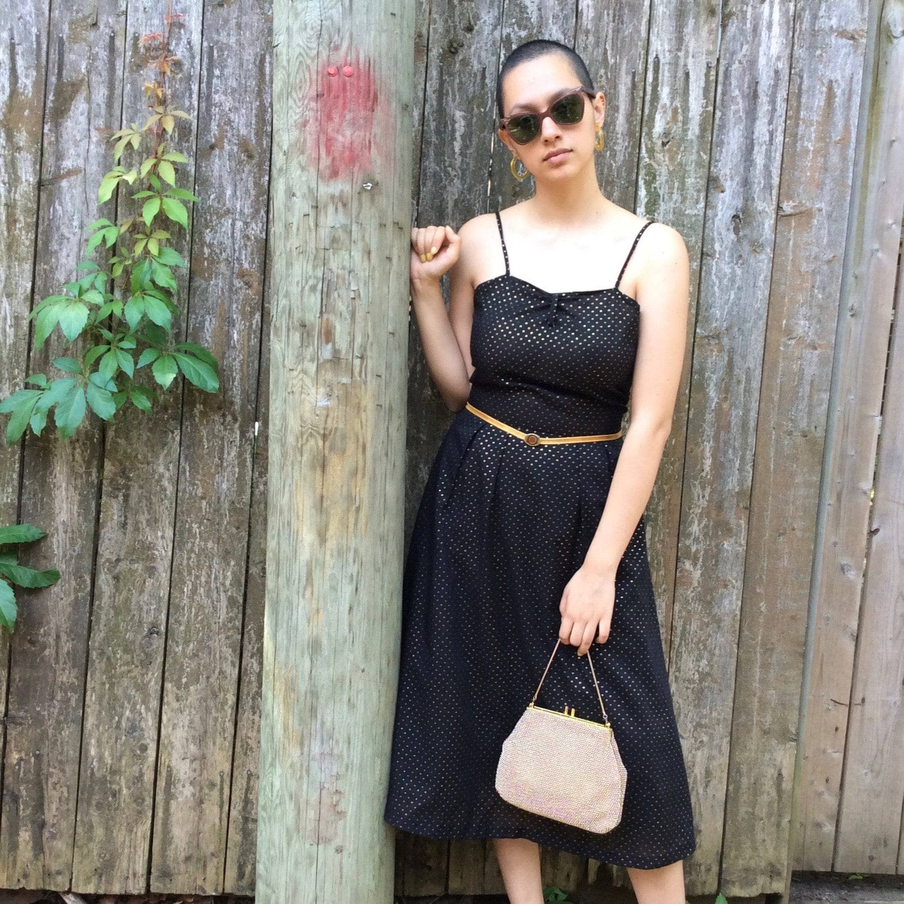 1990s Black and Gold-dotted Midi Dress S/M - Image 4