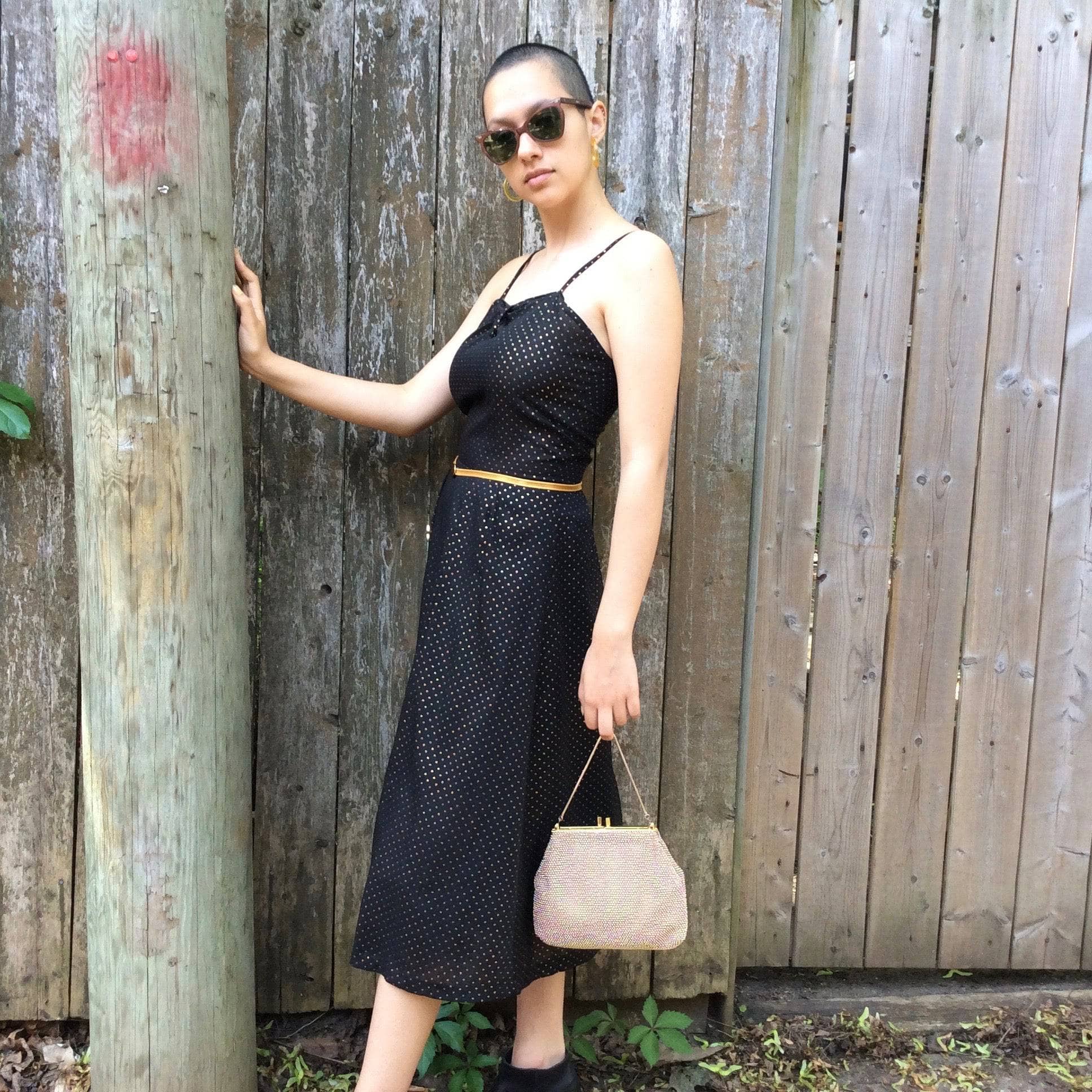 1990s Black and Gold-dotted Midi Dress S/M - Image 5