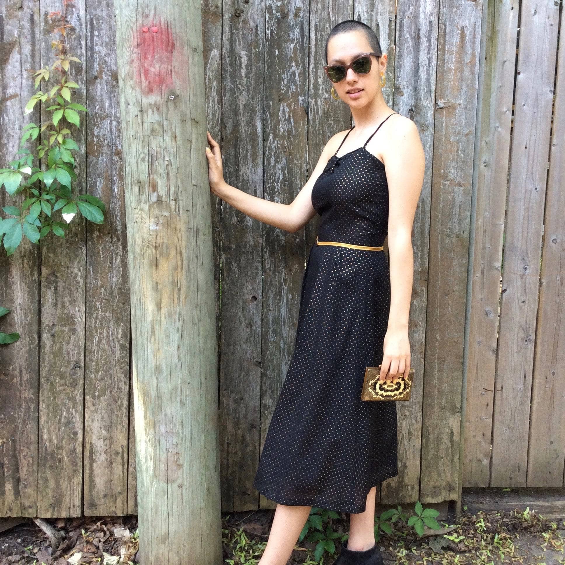 1990s Black and Gold-dotted Midi Dress S/M - Image 6