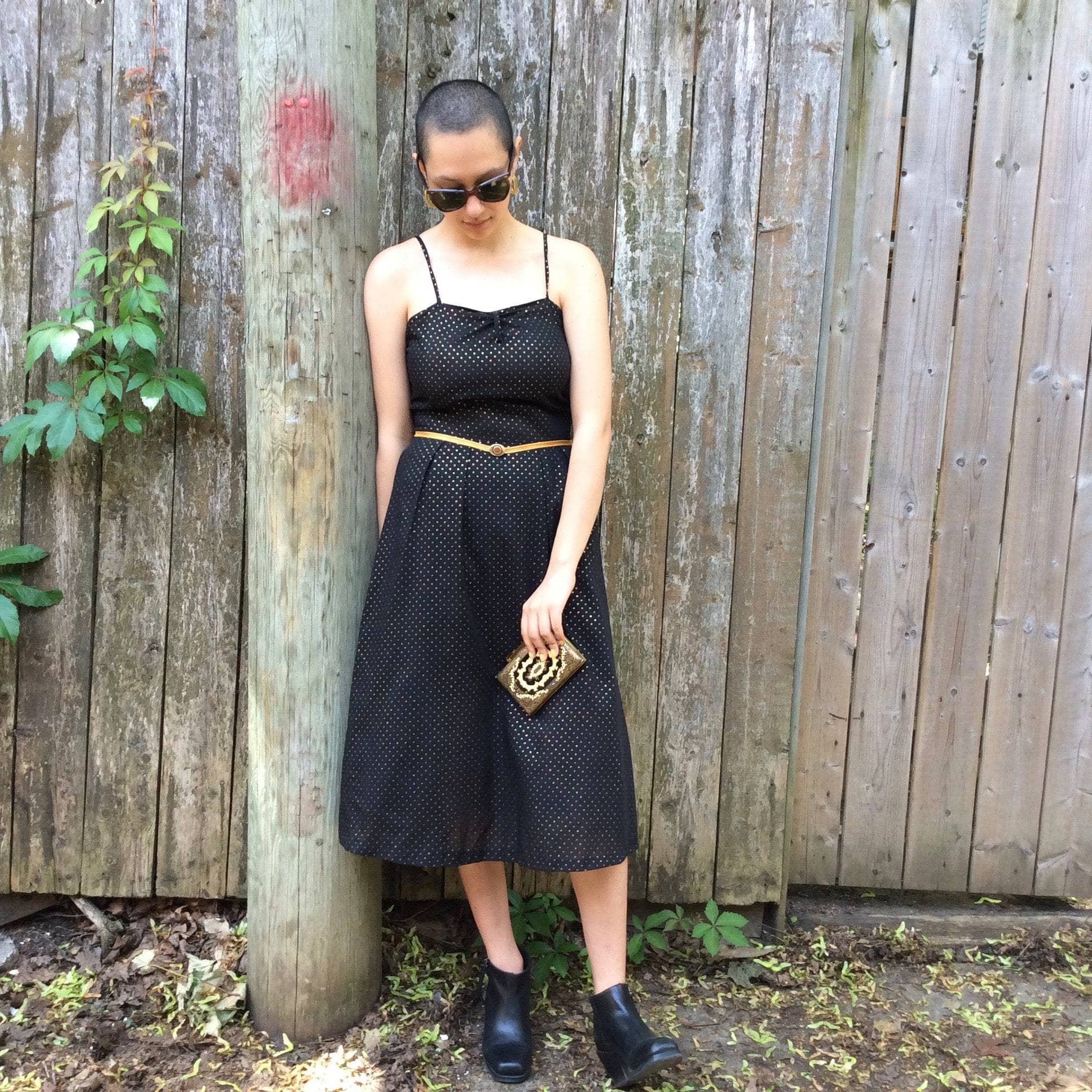 1990s Black and Gold-dotted Midi Dress S/M - Image 7