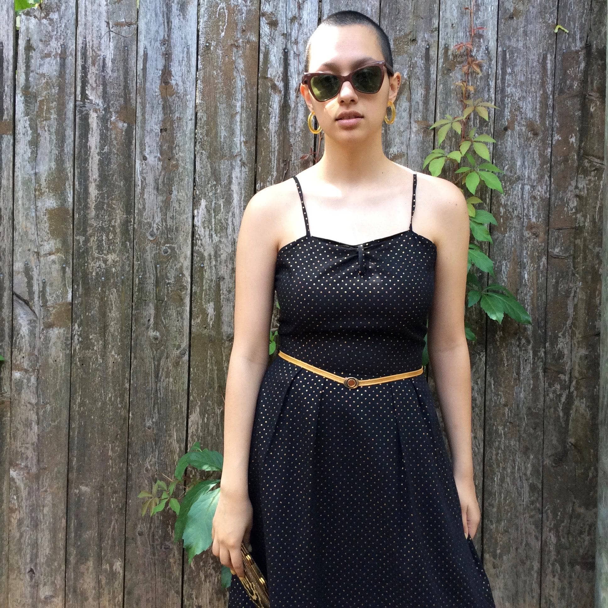 1990s Black and Gold-dotted Midi Dress S/M - Image 8