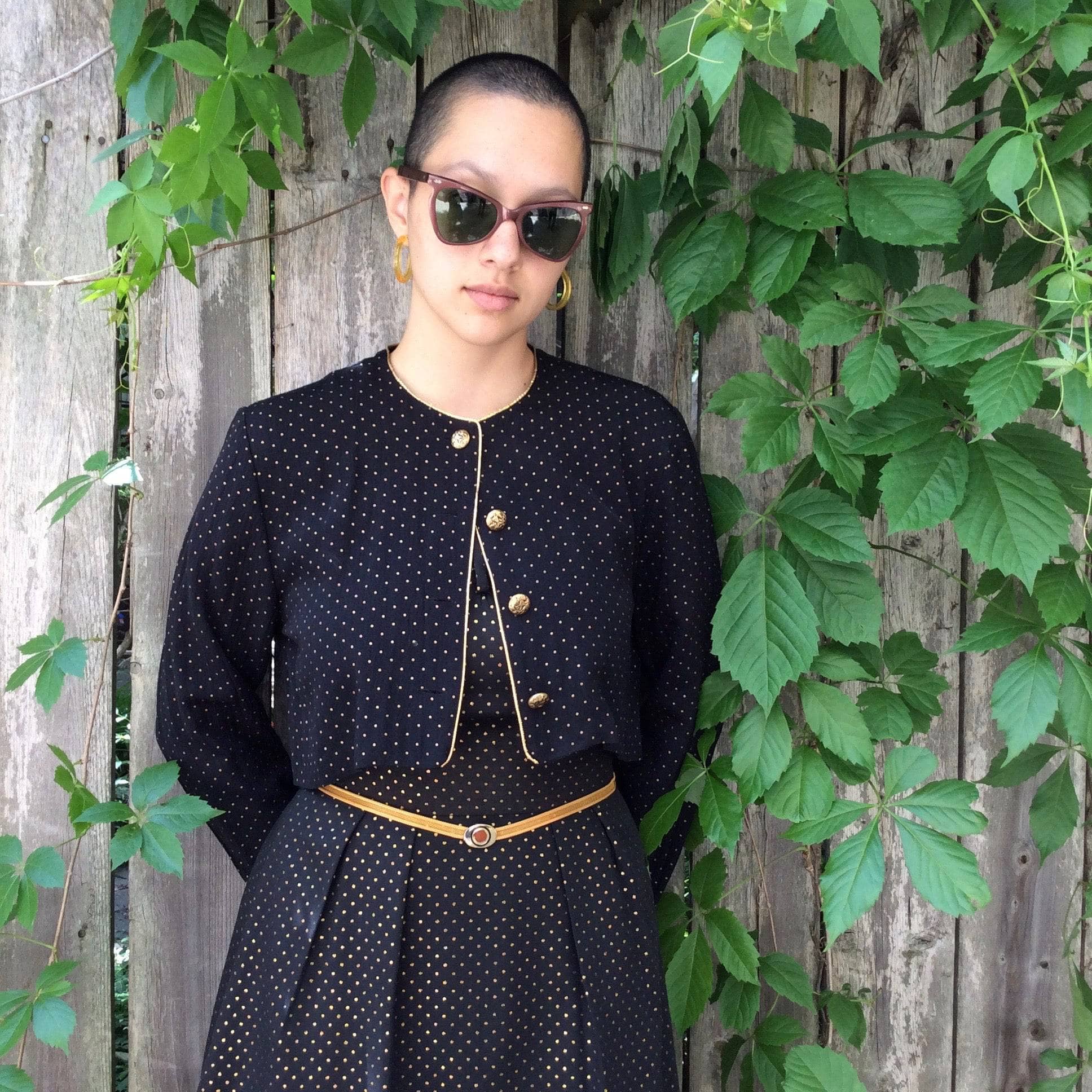 1990s Black and Gold-dotted Midi Dress S/M - Image 9