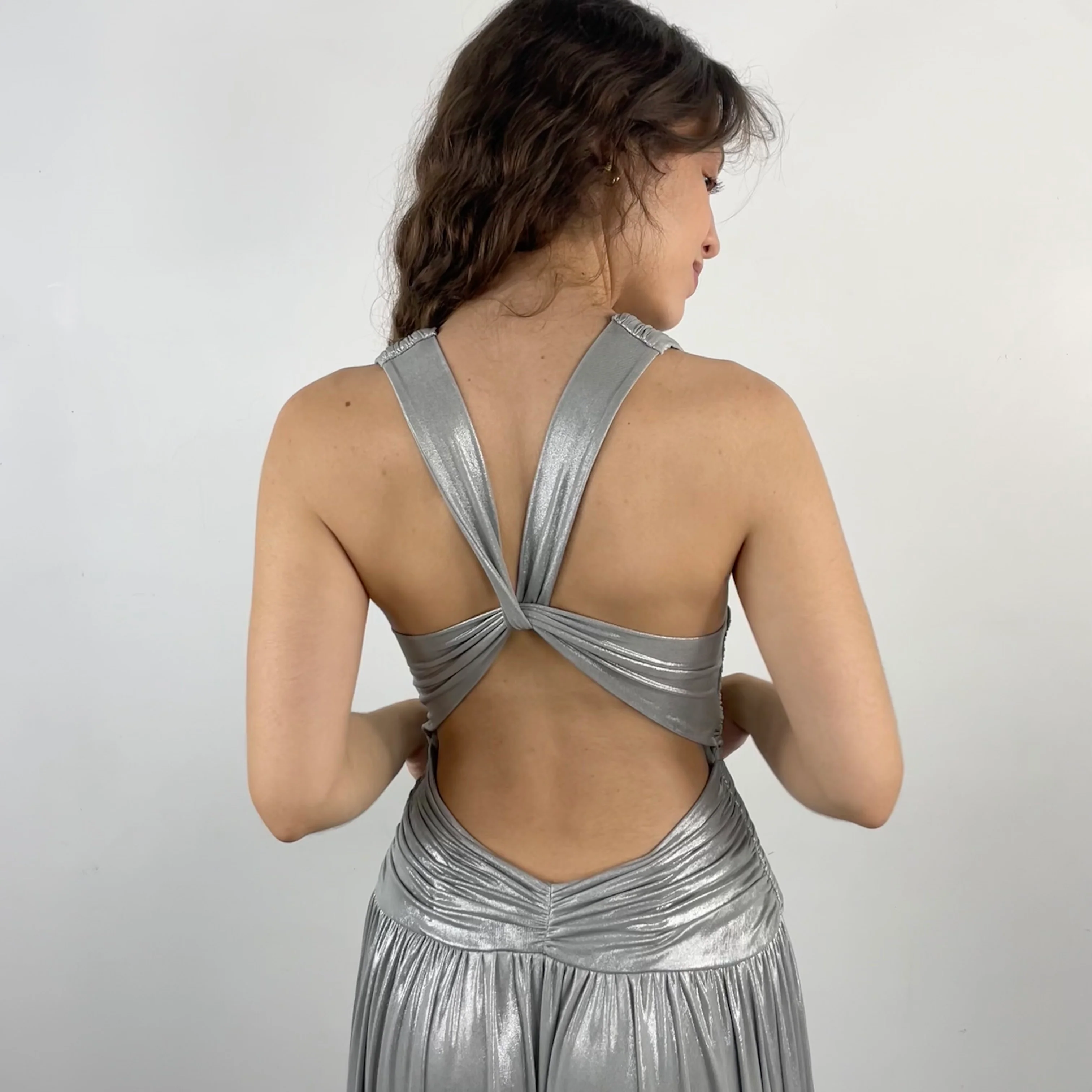 Calvin Klein Designer Open Back Maxi Drape Silver Gown Small - Image 3