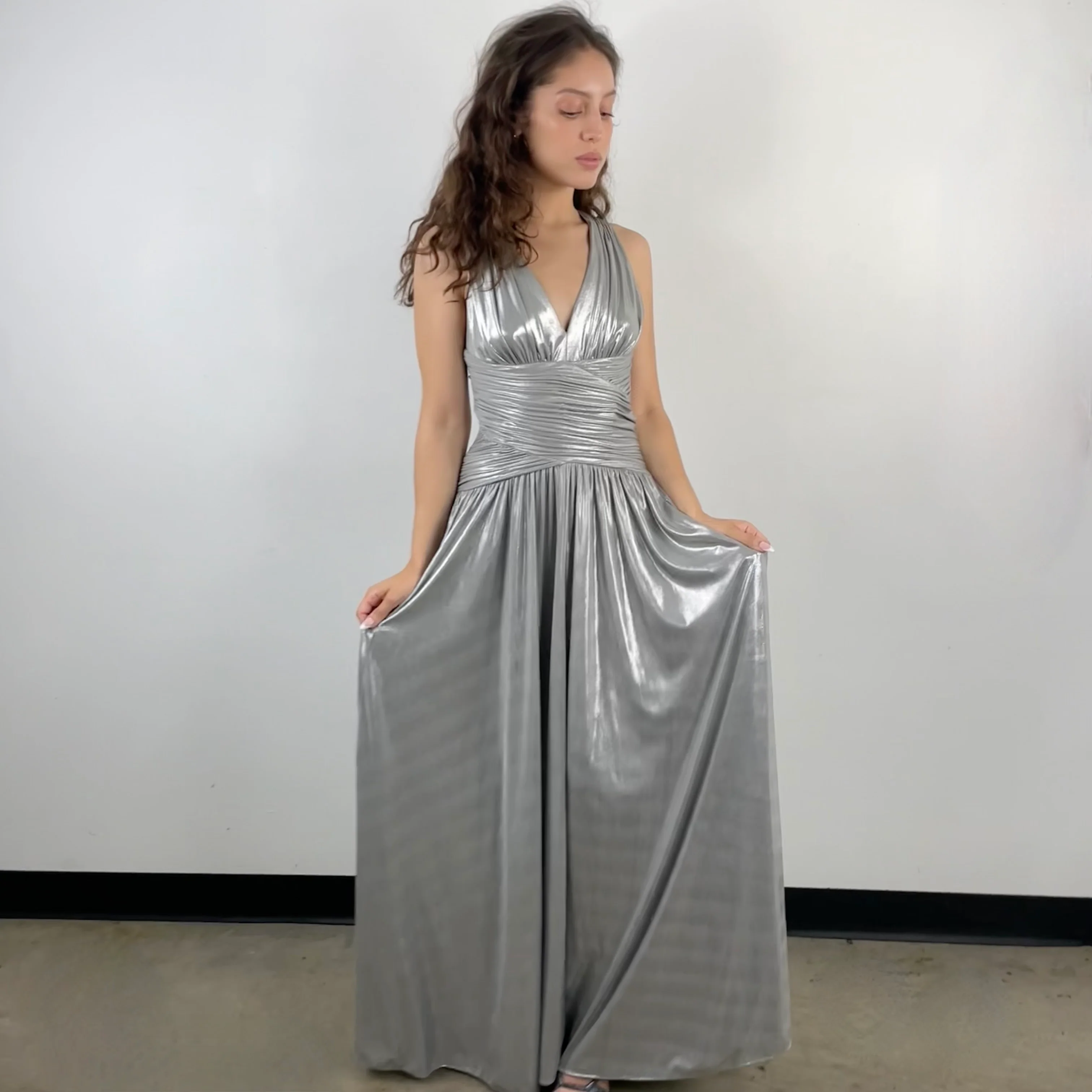 Calvin Klein Designer Open Back Maxi Drape Silver Gown Small - Image 4