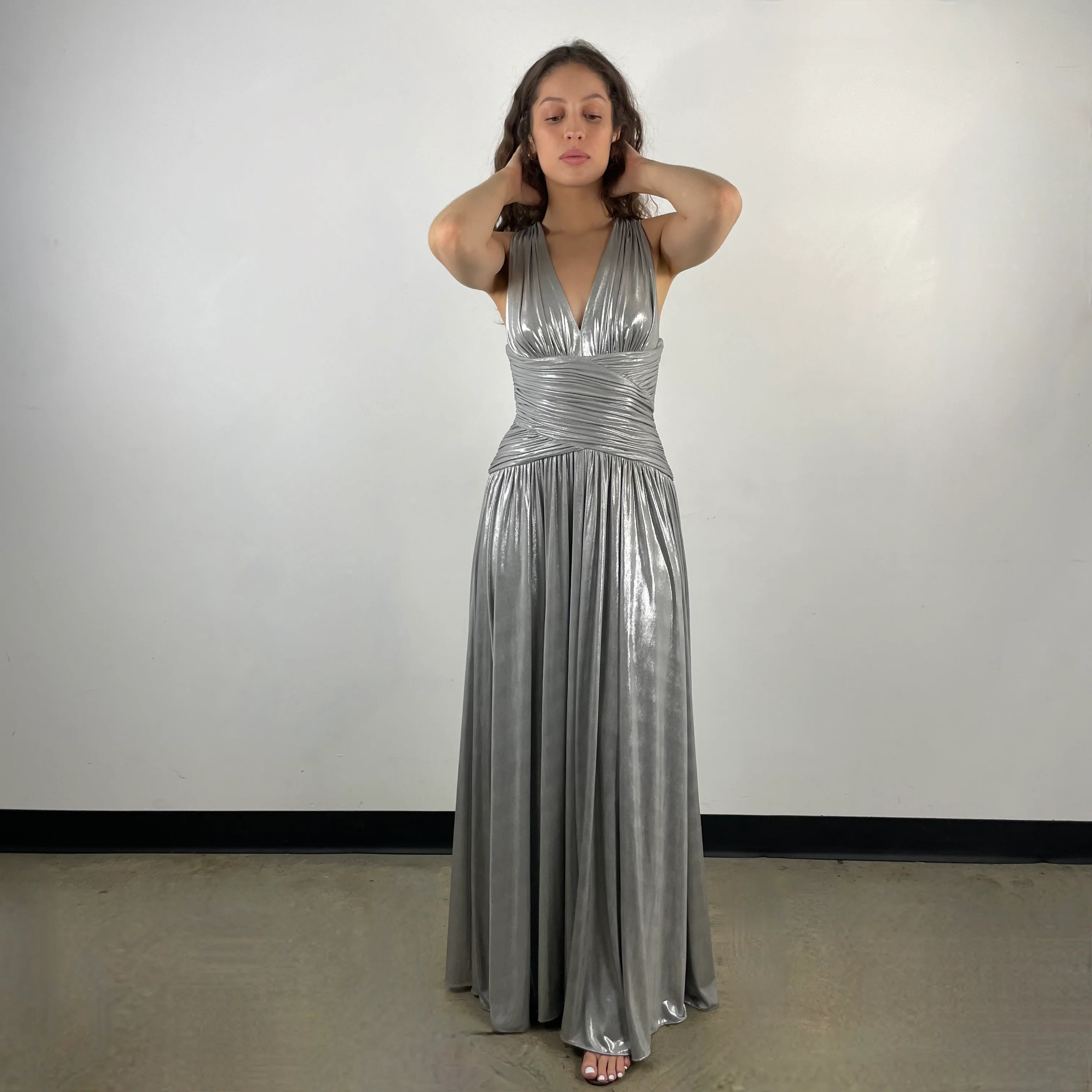 Calvin Klein Designer Open Back Maxi Drape Silver Gown Small - Image 5