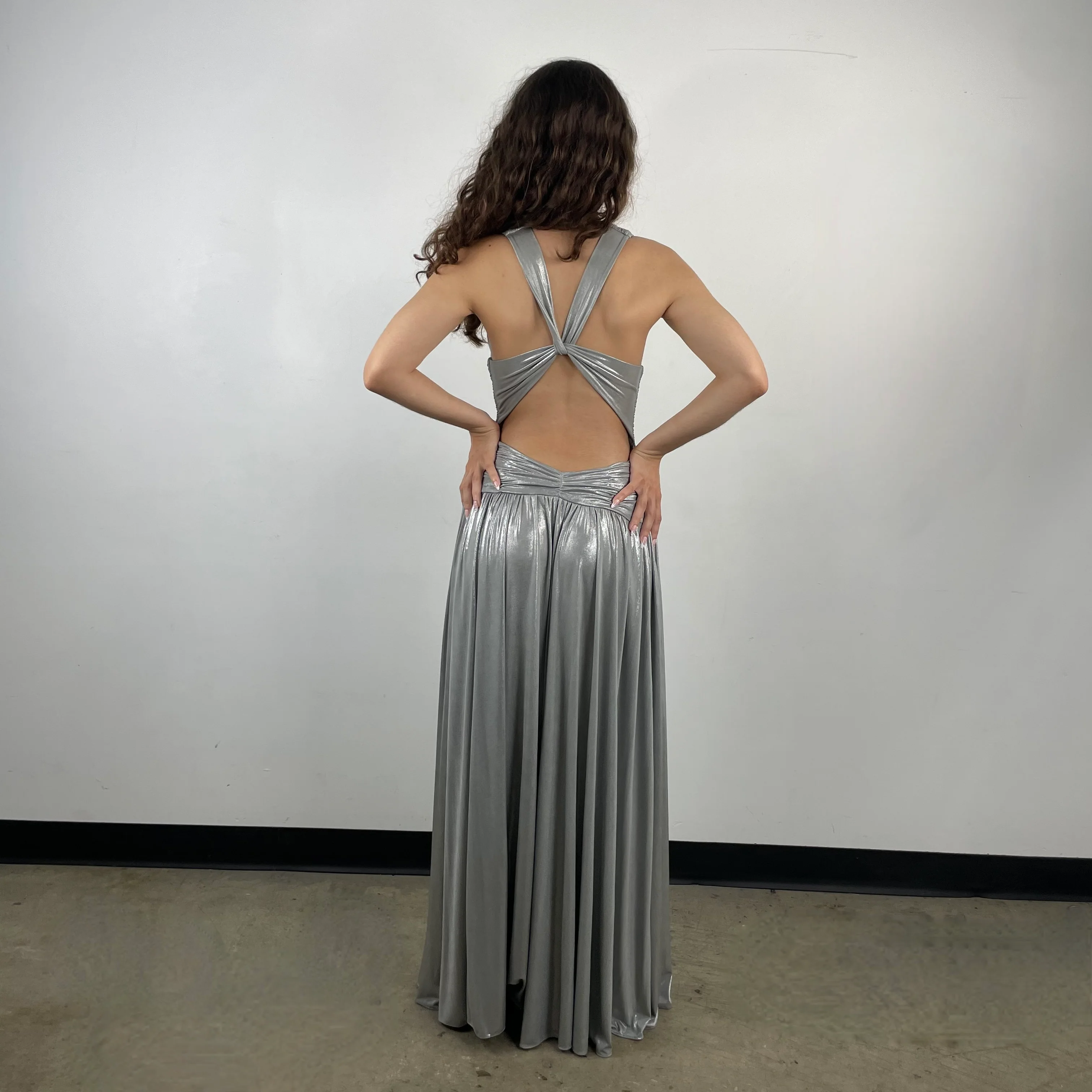 Calvin Klein Designer Open Back Maxi Drape Silver Gown Small - Image 6