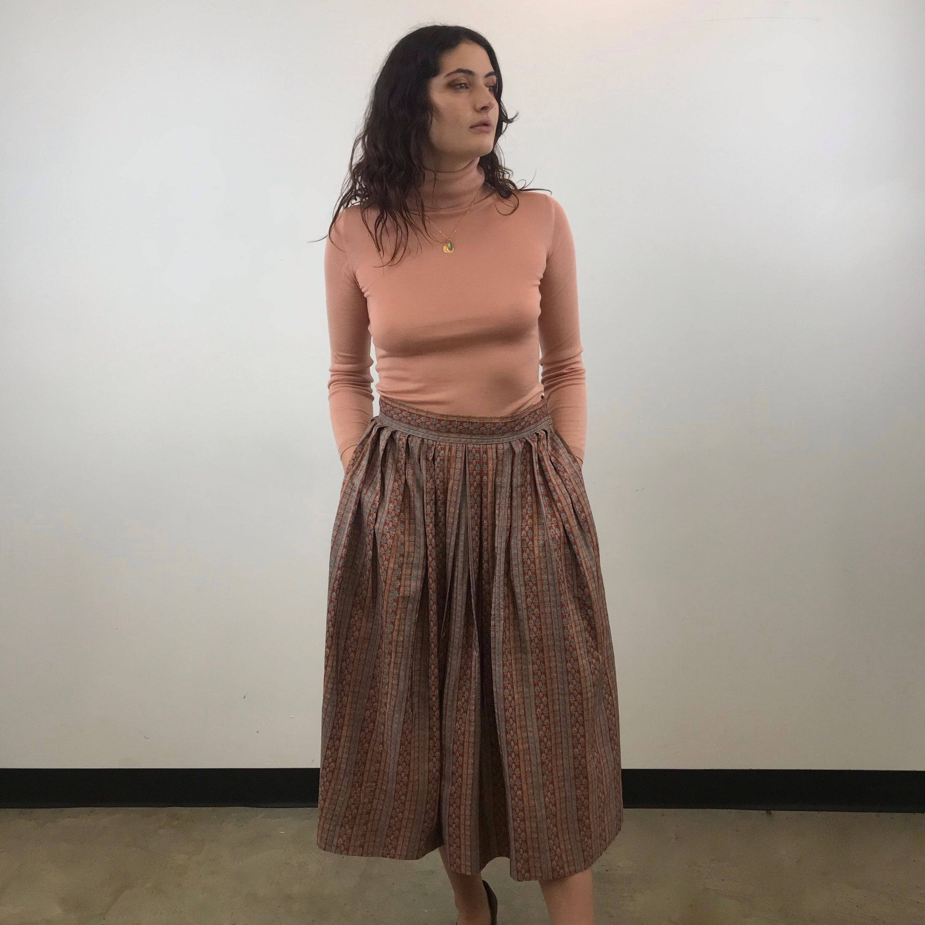 1970s Saint Laurent Rive Gauche Pleated Silk Midi Skirt M