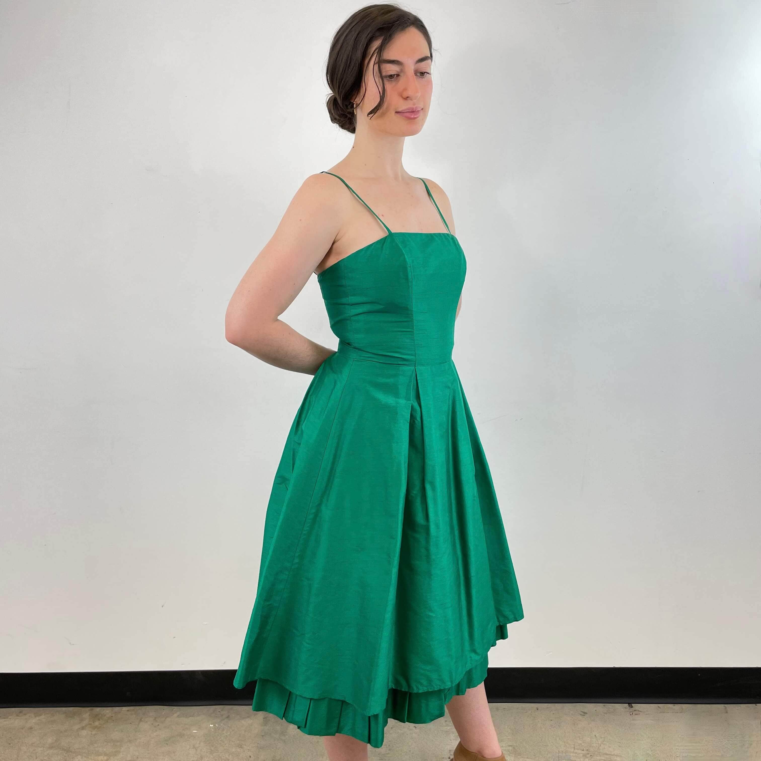 Emerald Green Silk Cocktail Dress Small / Medium - Image 2
