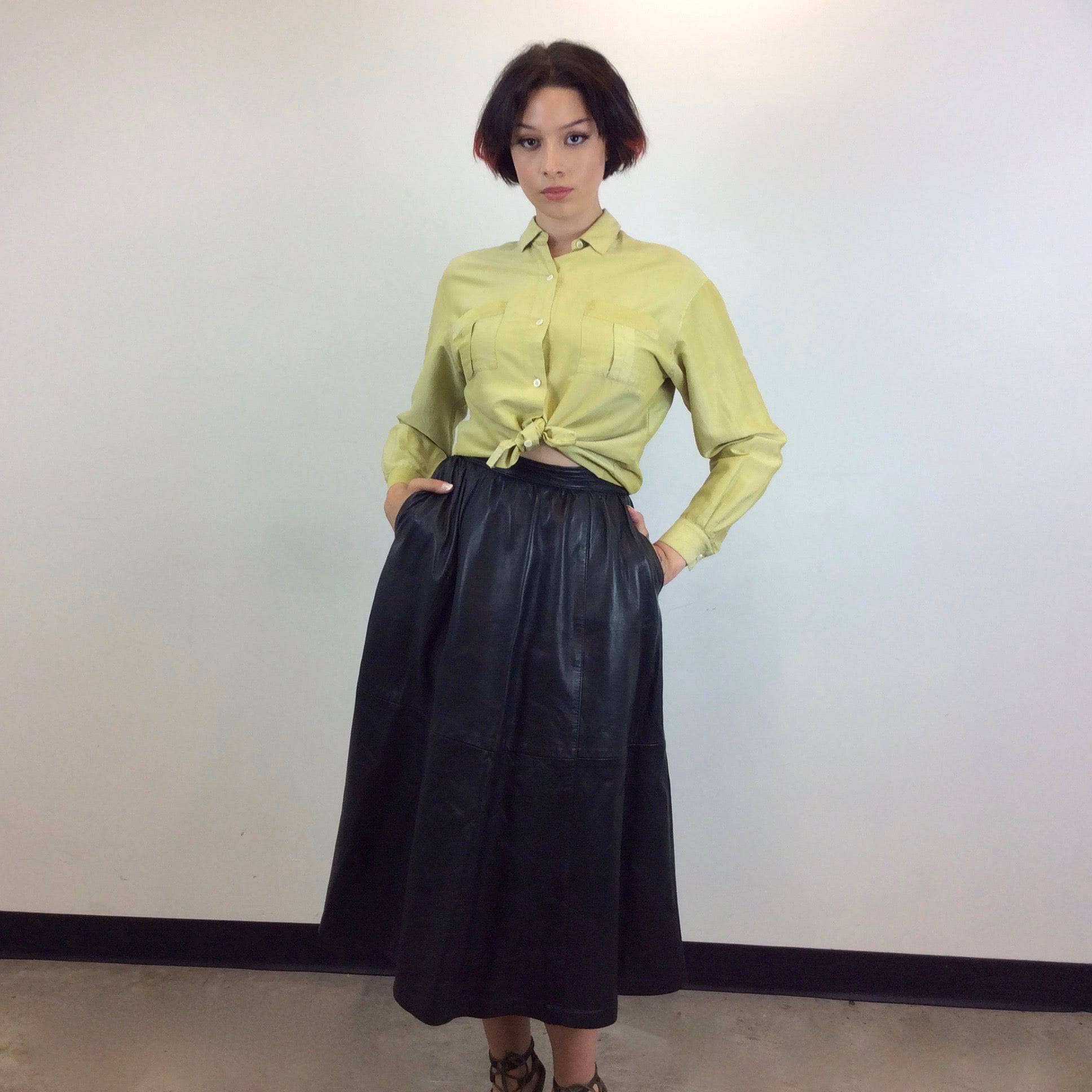 Flared Black Leather Midi Skirt Medium