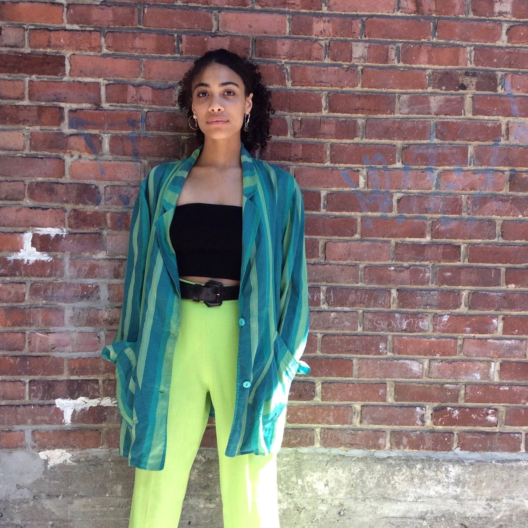 1980s "Giancarlo Ricci" Unstructured Oversize Striped Green Blazer - Image 3