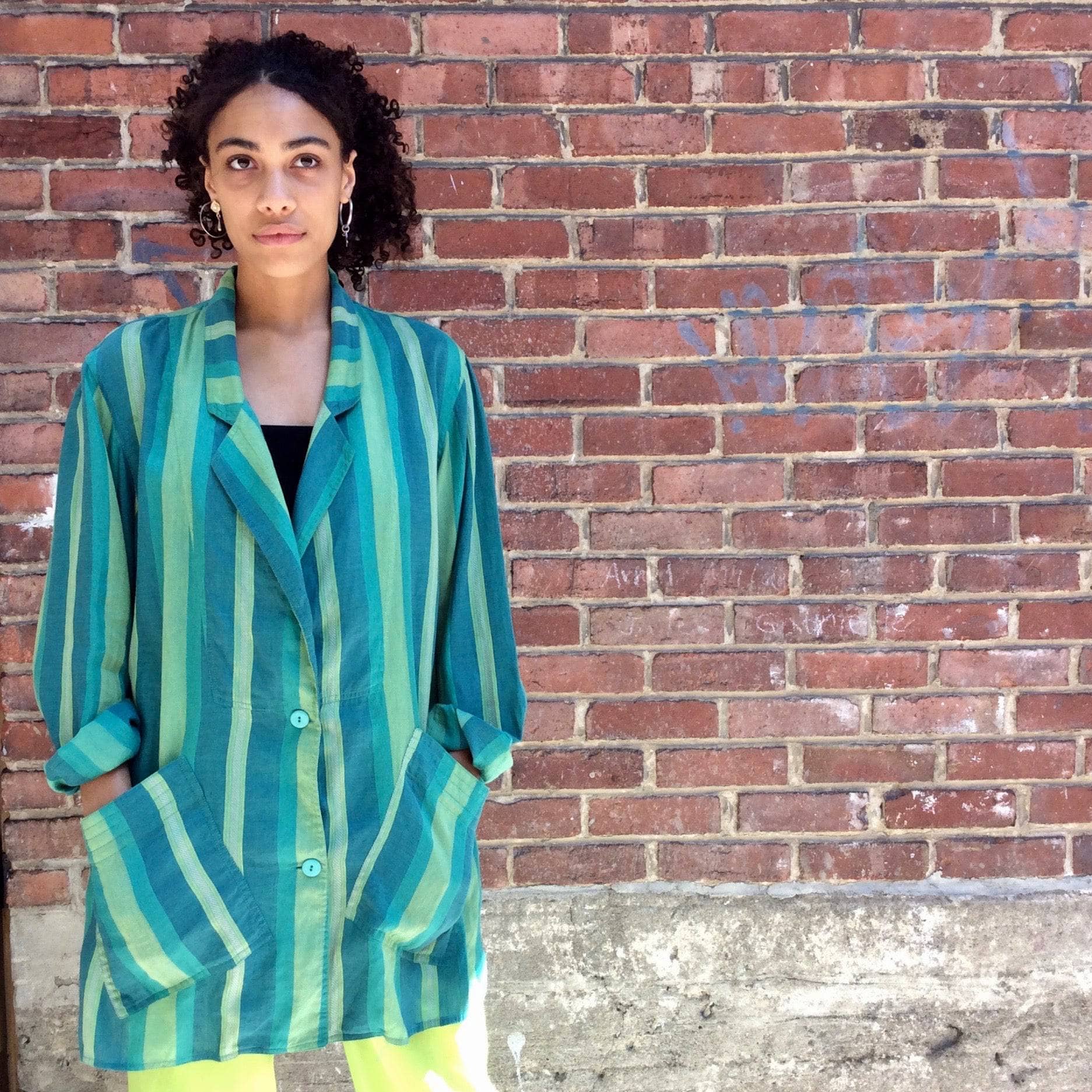 1980s "Giancarlo Ricci" Unstructured Oversize Striped Green Blazer - Image 6
