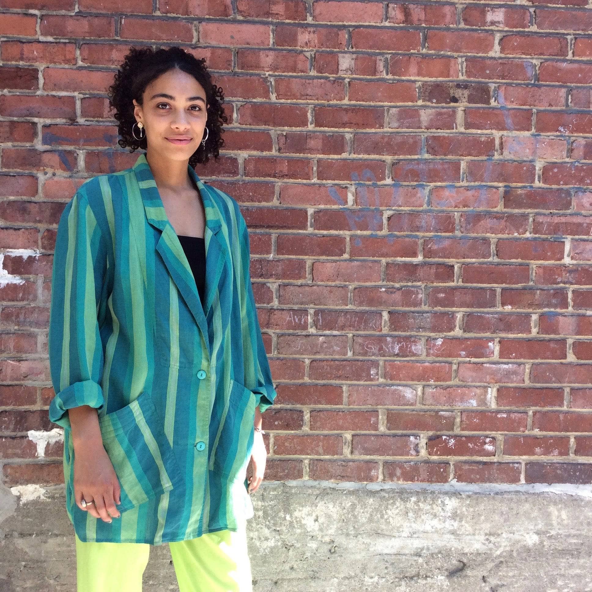1980s "Giancarlo Ricci" Unstructured Oversize Striped Green Blazer - Image 7