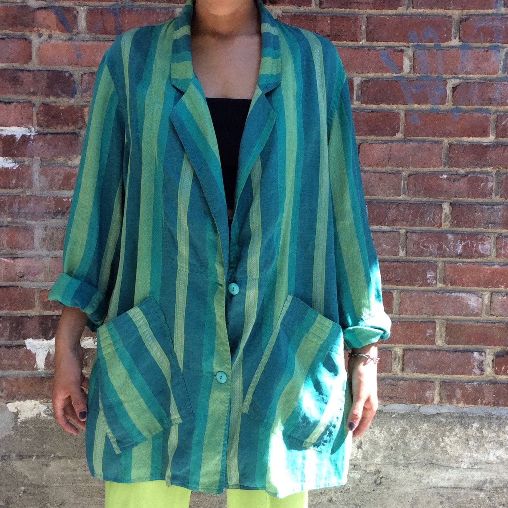 1980s "Giancarlo Ricci" Unstructured Oversize Striped Green Blazer - Image 9