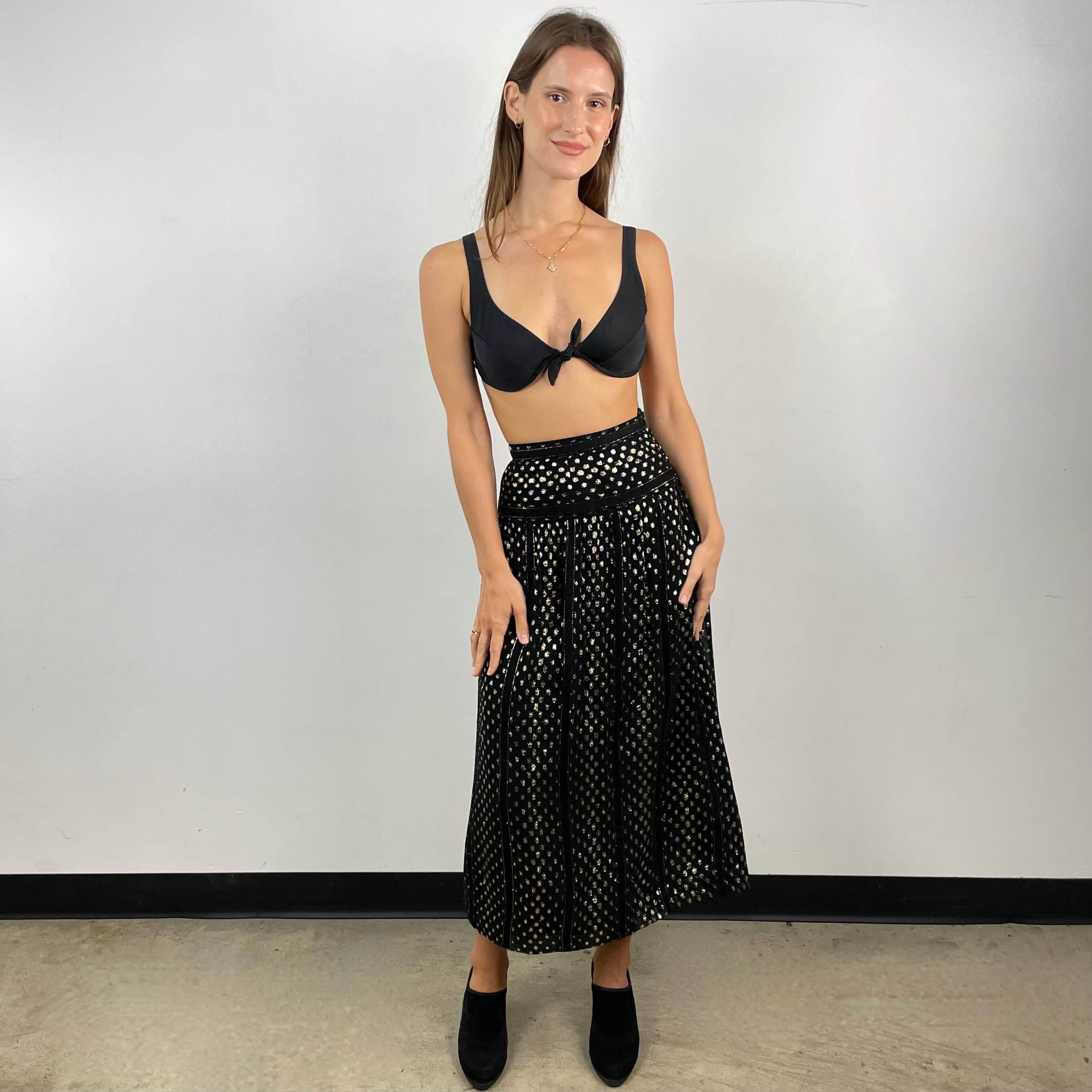 Gold and Silver Yoke Brocade Silk Midi Skirt X-Small