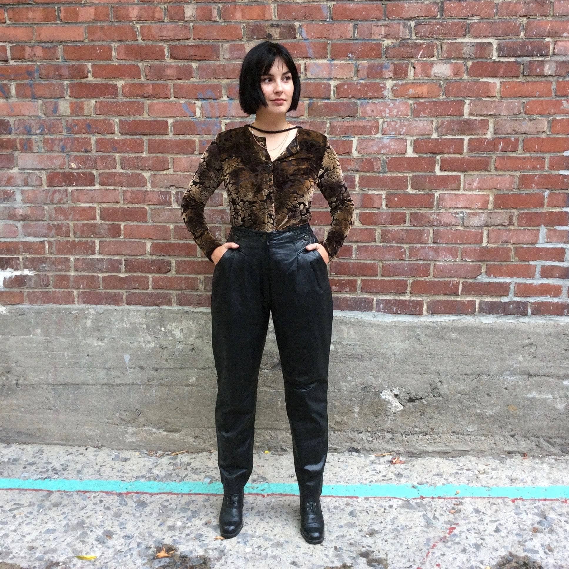 1980s High Waisted Black Genuine Leather Pants Medium - Image 6