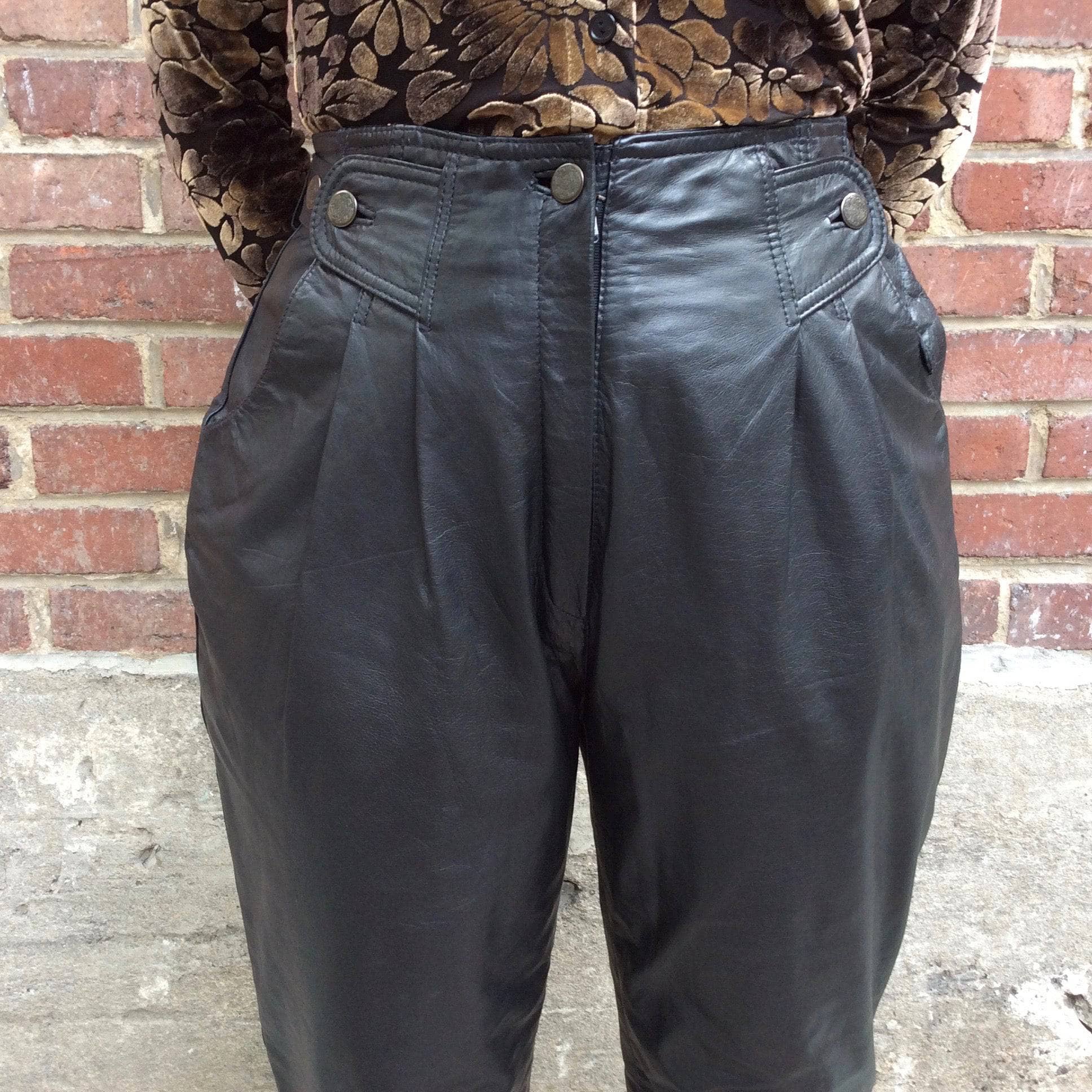 1980s High Waisted Black Genuine Leather Pants Medium - Image 7