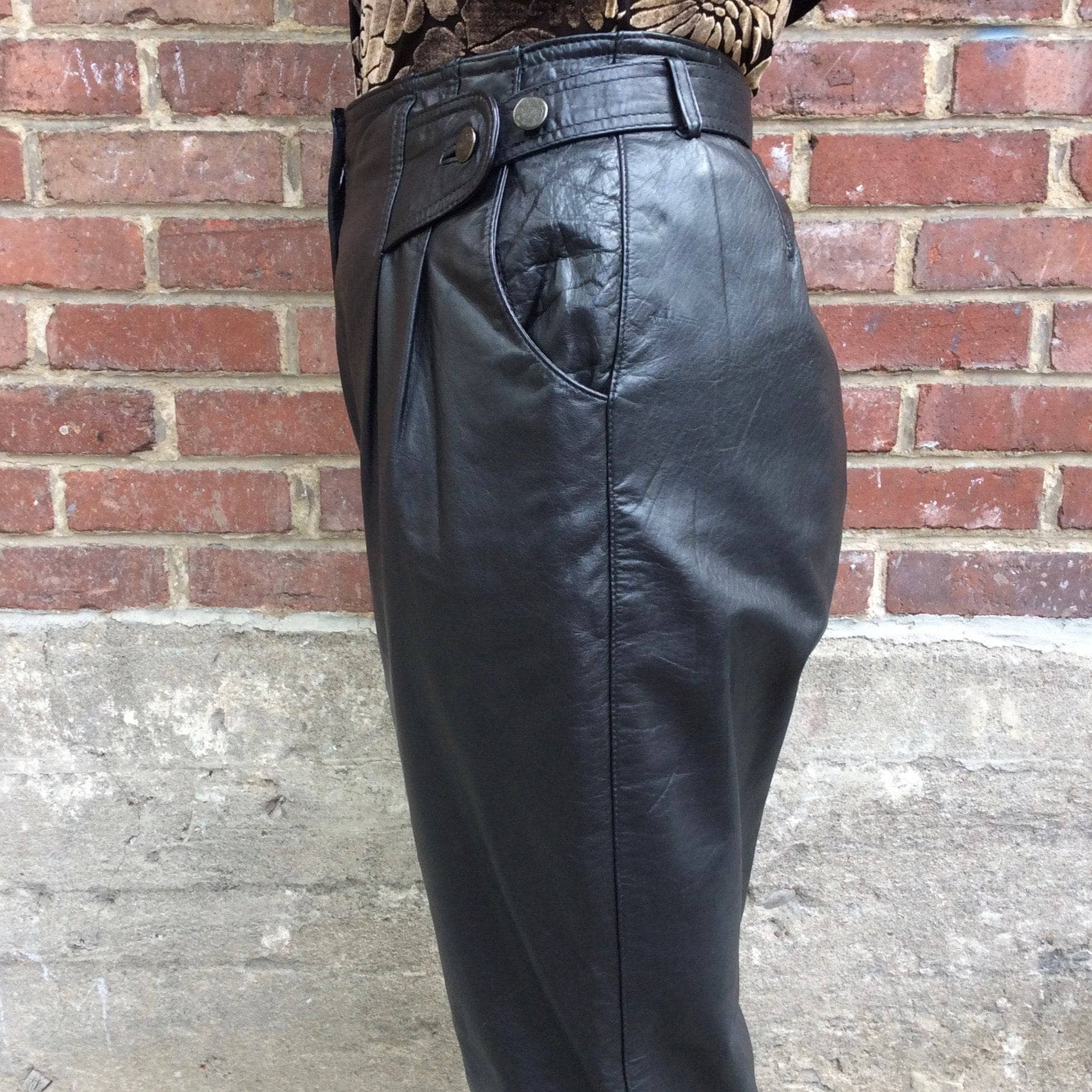 1980s High Waisted Black Genuine Leather Pants Medium - Image 8