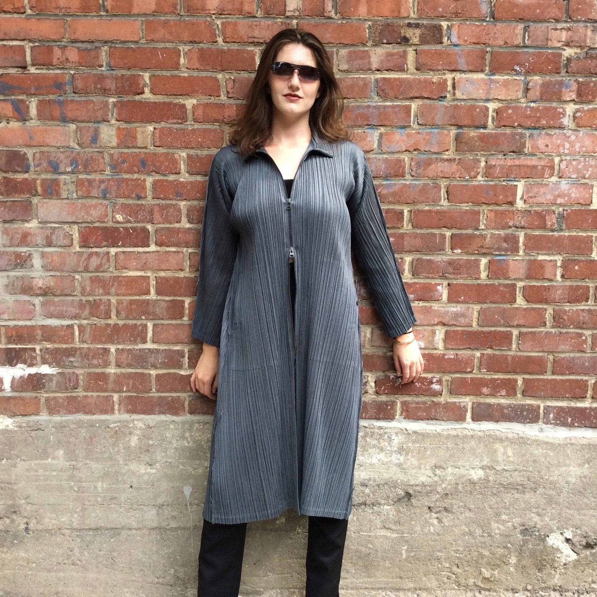 Issey Miyake Grey Crinkle Midi Coat Small/Medium - Image 10