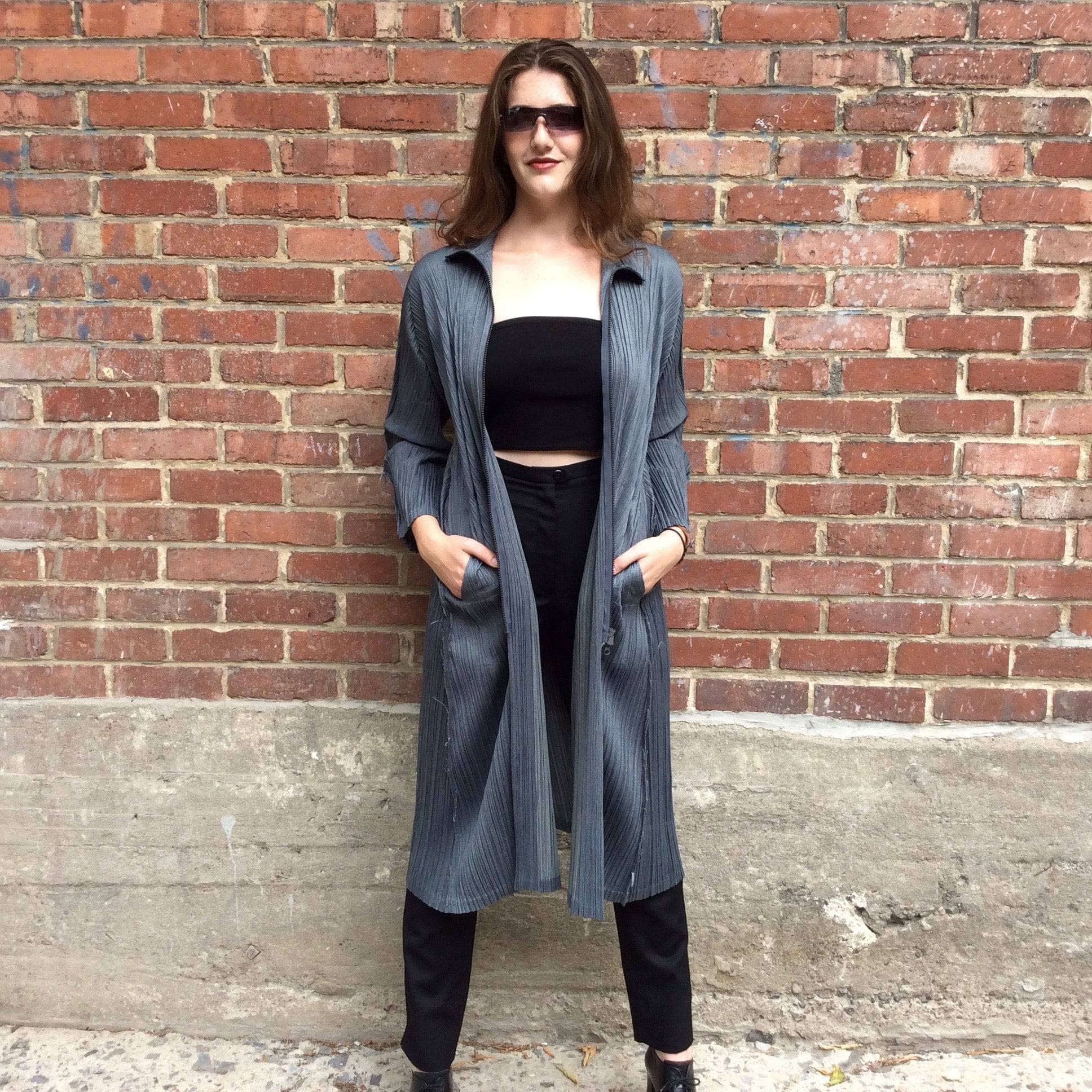 Issey Miyake Grey Crinkle Midi Coat Small/Medium - Image 11