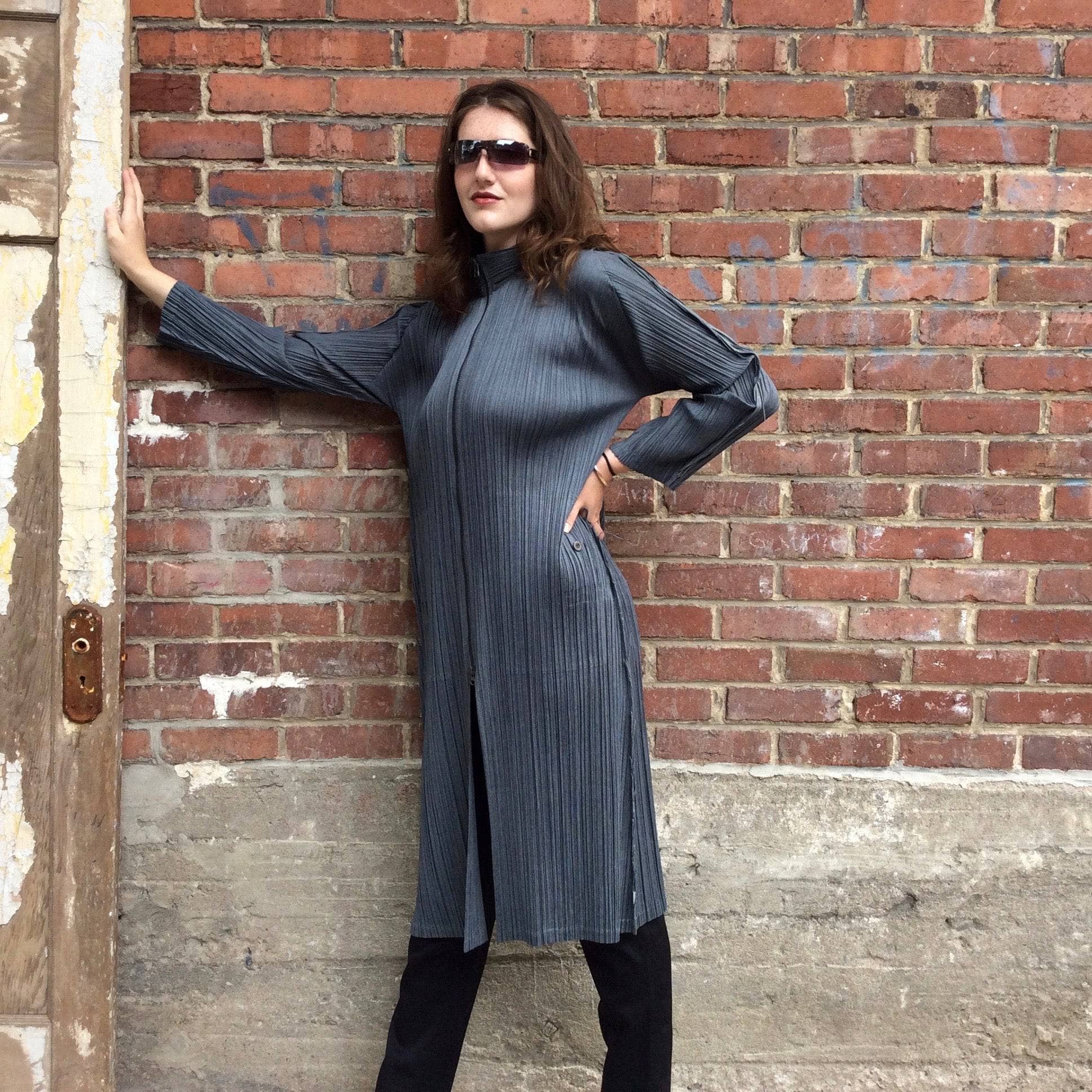 Issey Miyake Grey Crinkle Midi Coat Small/Medium - Image 3