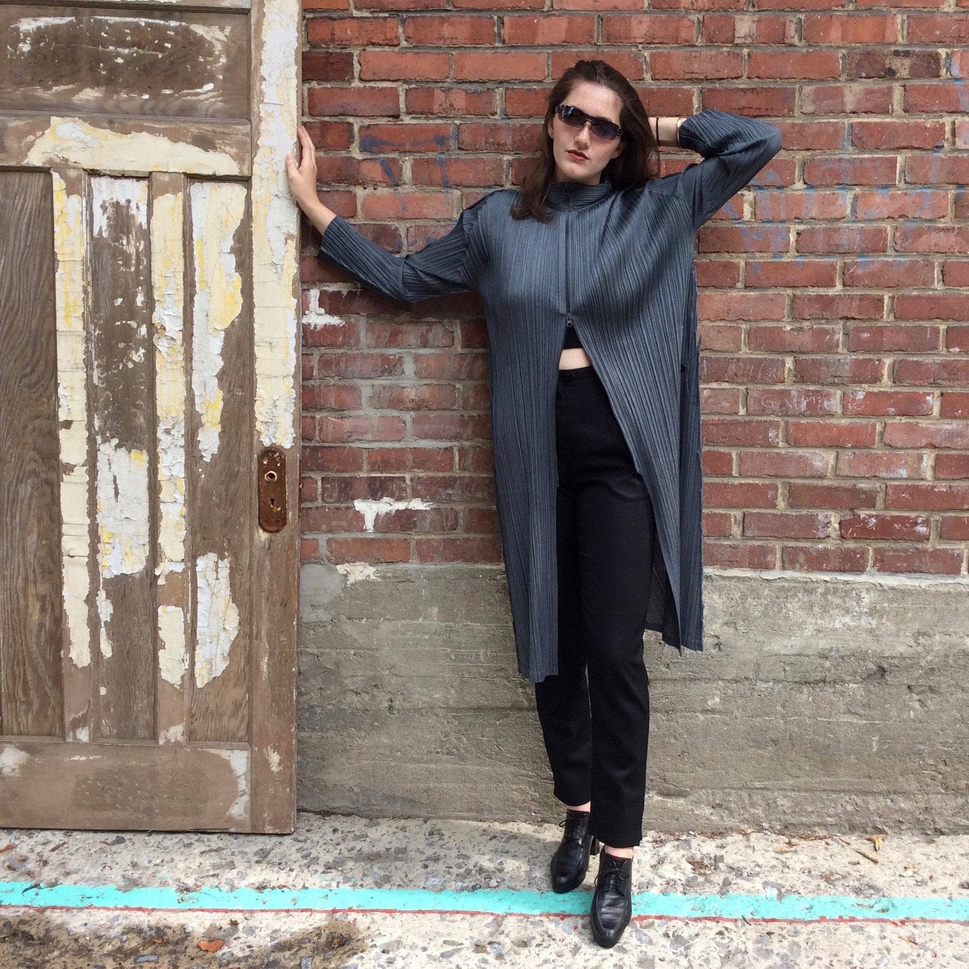 Issey Miyake Grey Crinkle Midi Coat Small/Medium - Image 4