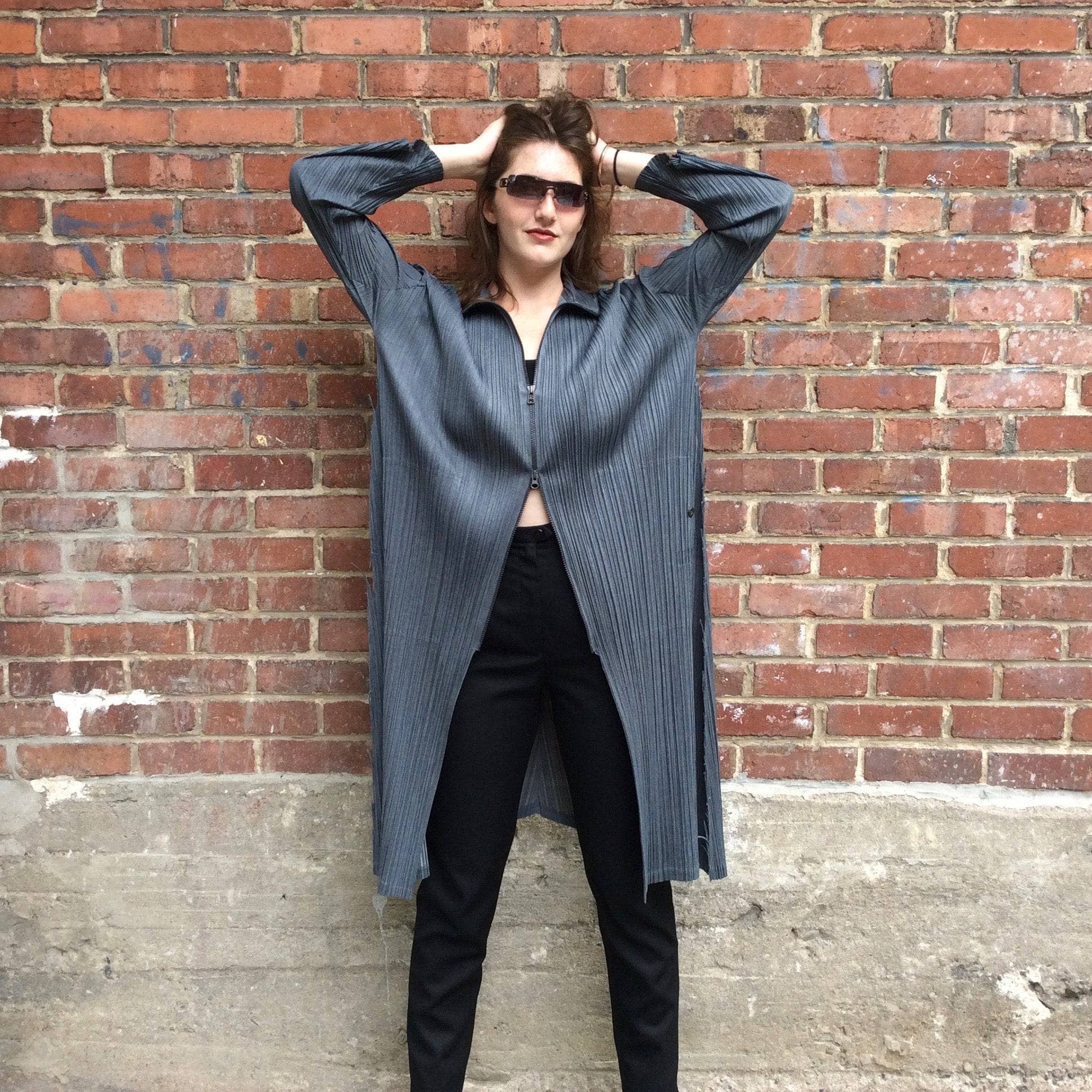 Issey Miyake Grey Crinkle Midi Coat Small/Medium - Image 5