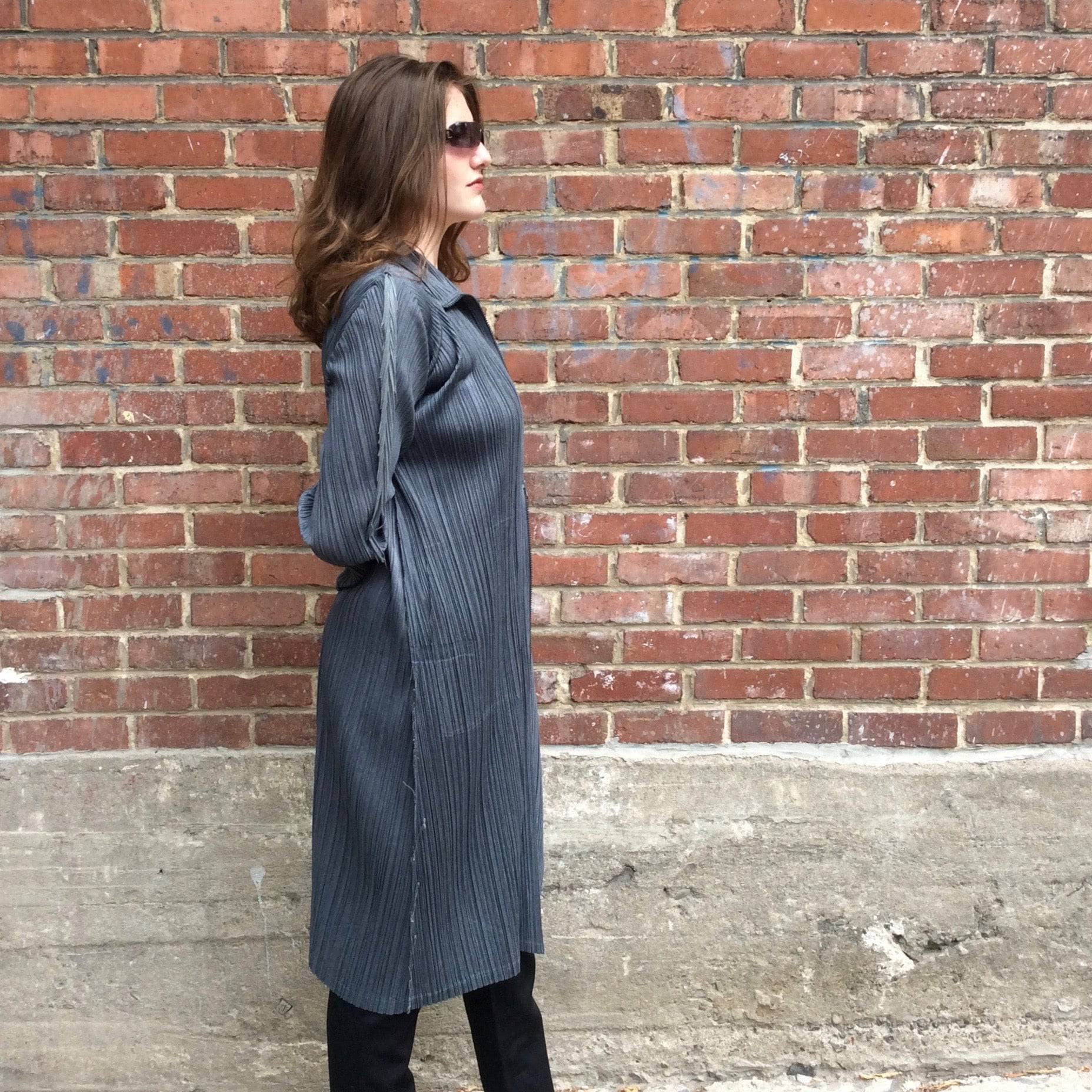 Issey Miyake Grey Crinkle Midi Coat Small/Medium - Image 6