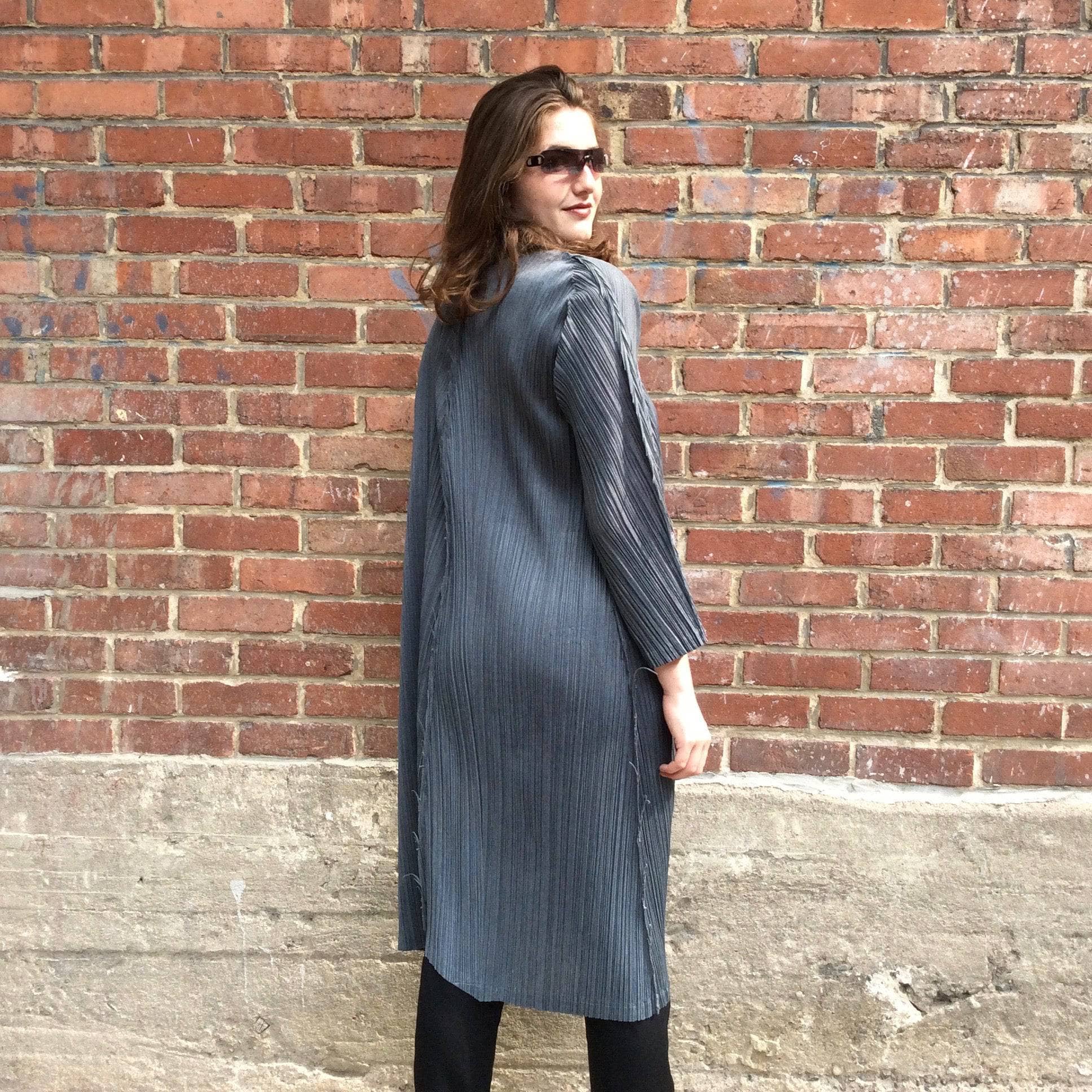 Issey Miyake Grey Crinkle Midi Coat Small/Medium - Image 7