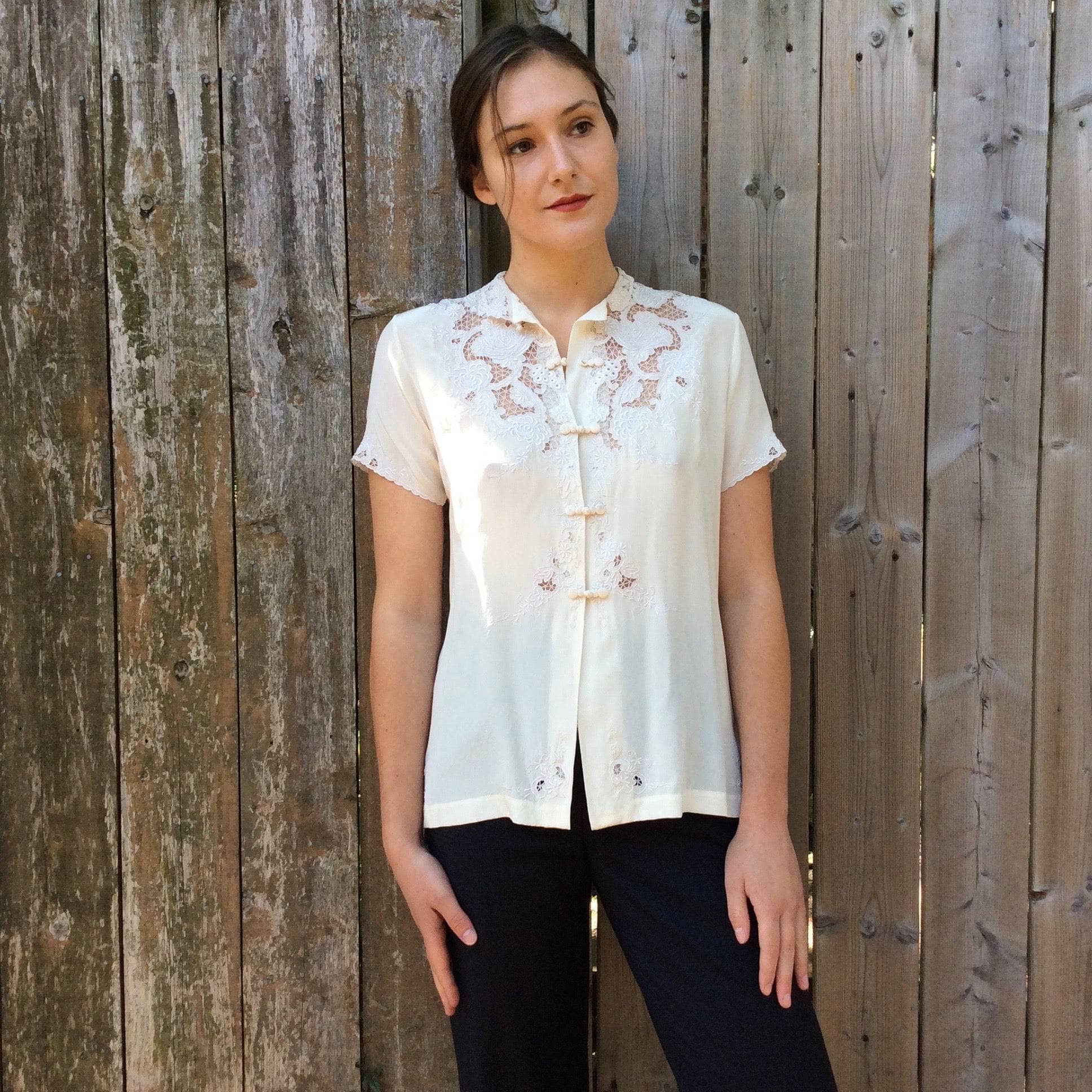 Ivory Silk Cutwork Embroidered Blouse S/M - Image 3