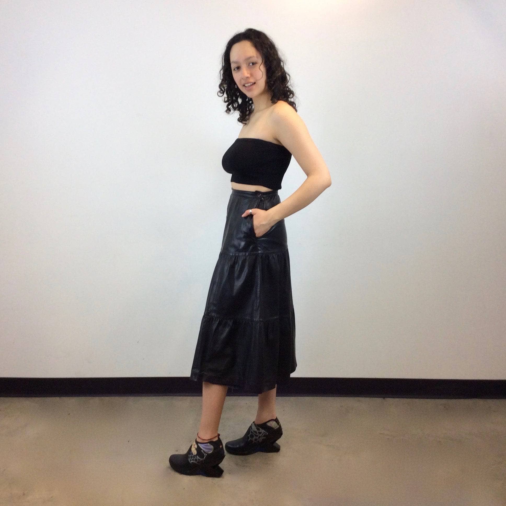 Leo Chevalier Tiered Black Leather Midi Skirt S/M