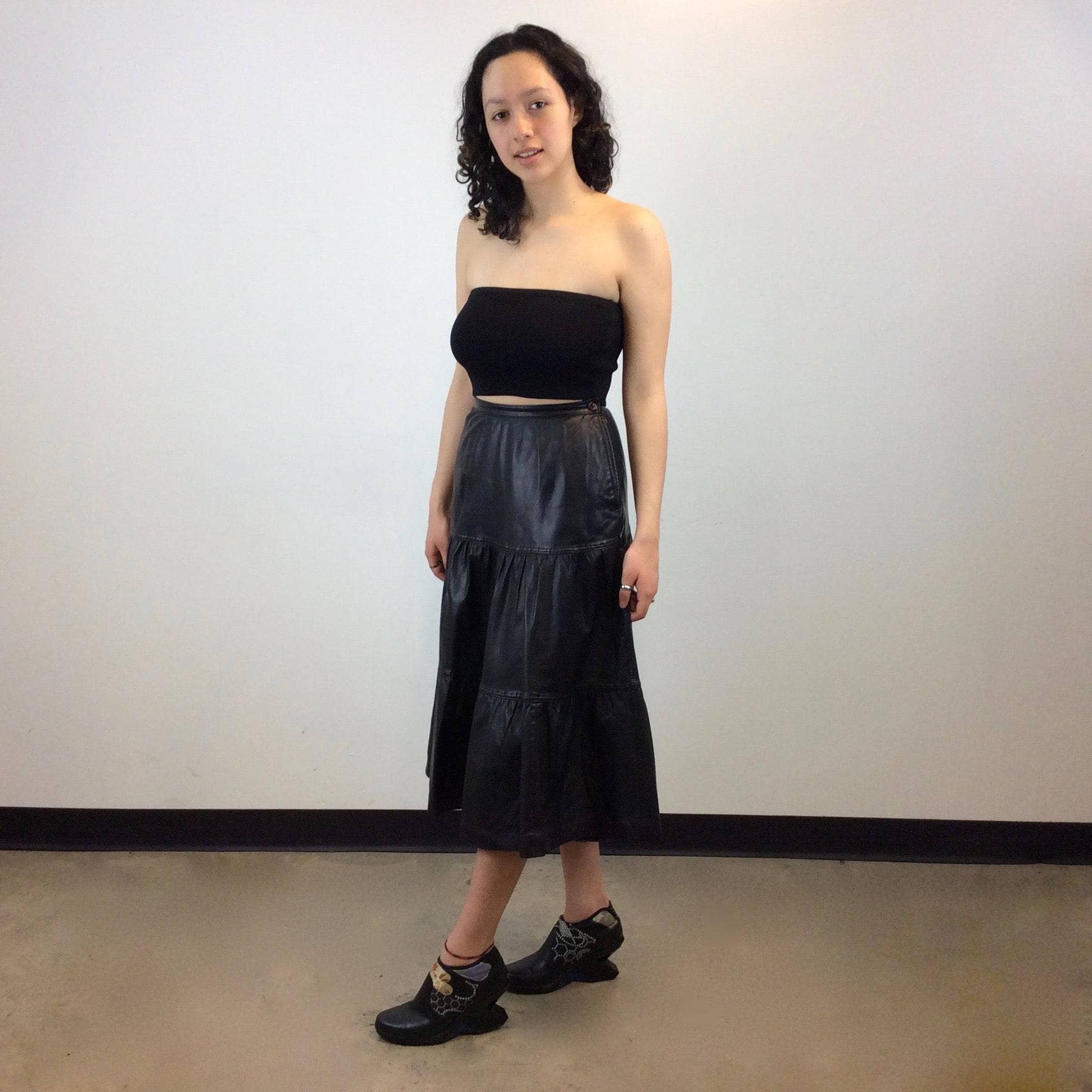 Leo Chevalier Tiered Black Leather Midi Skirt S/M - Image 2