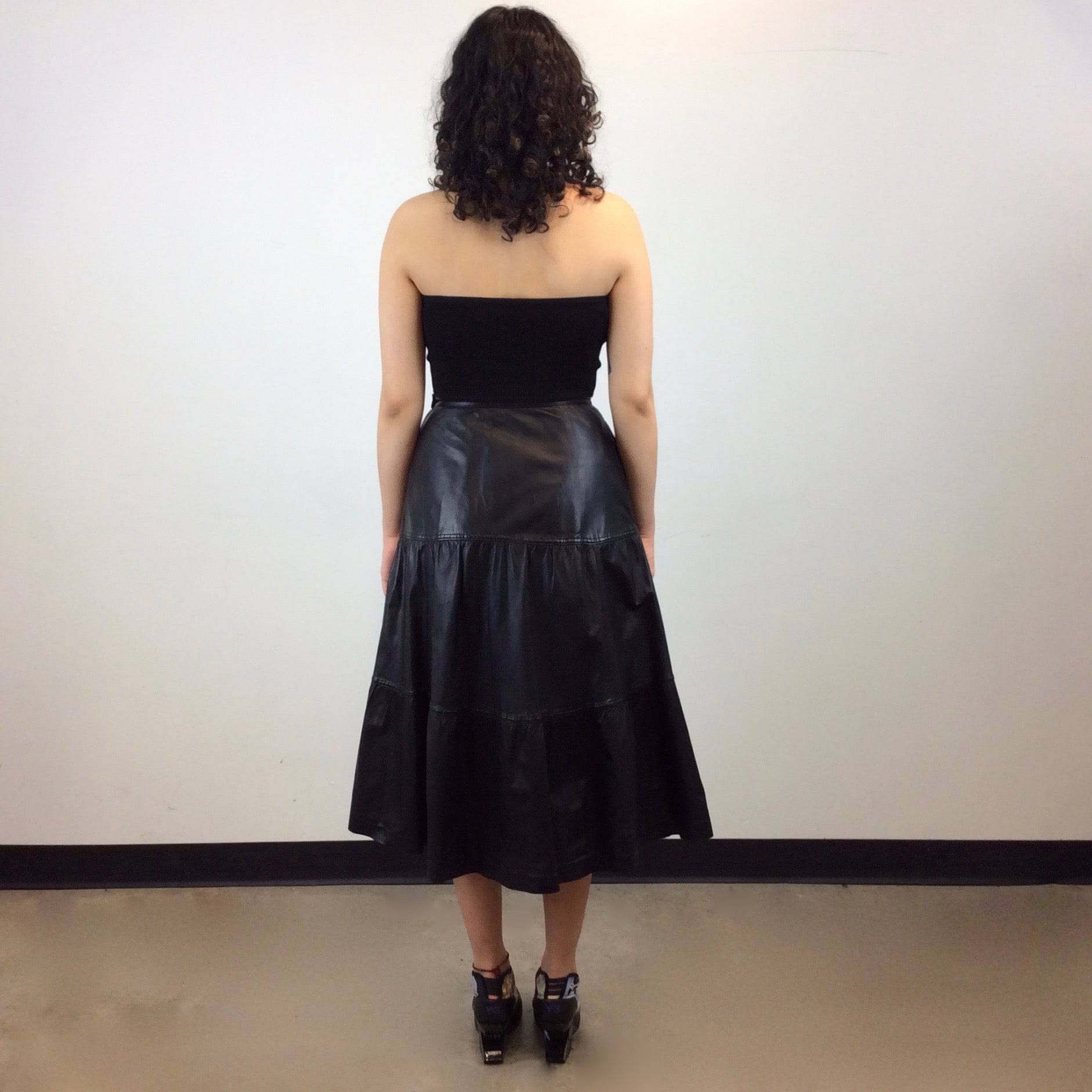 Leo Chevalier Tiered Black Leather Midi Skirt S/M - Image 3