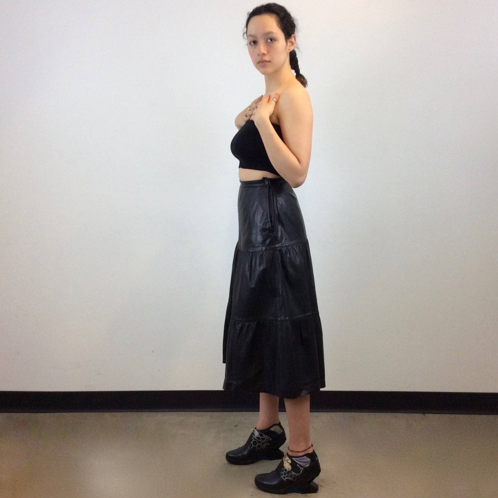 Leo Chevalier Tiered Black Leather Midi Skirt S/M - Image 4