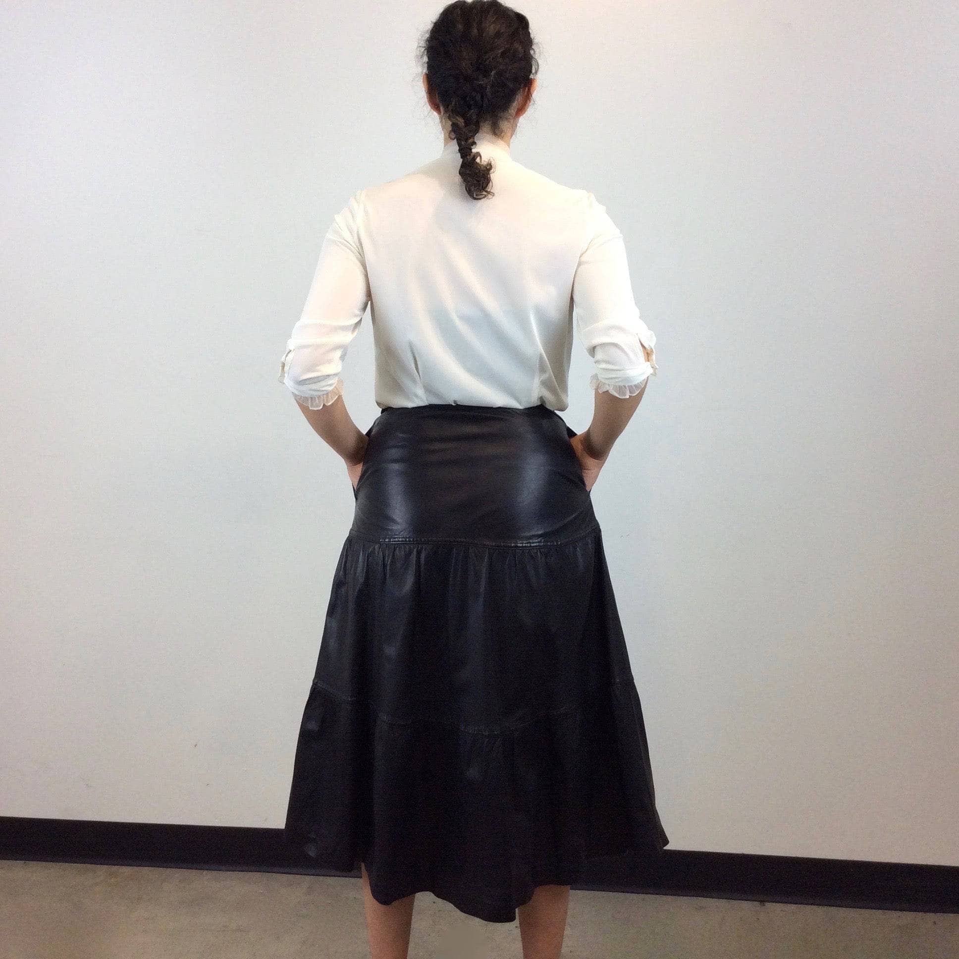 Leo Chevalier Tiered Black Leather Midi Skirt S/M - Image 5
