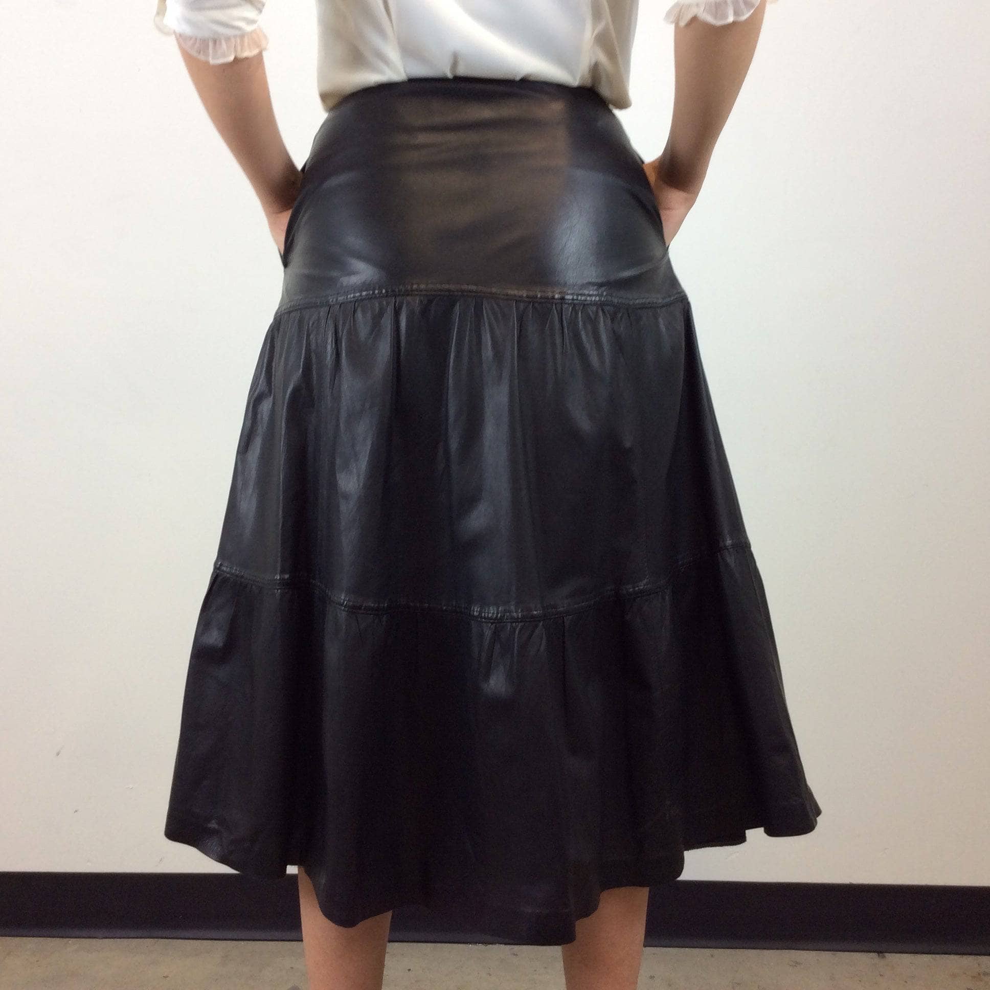 Leo Chevalier Tiered Black Leather Midi Skirt S/M - Image 6