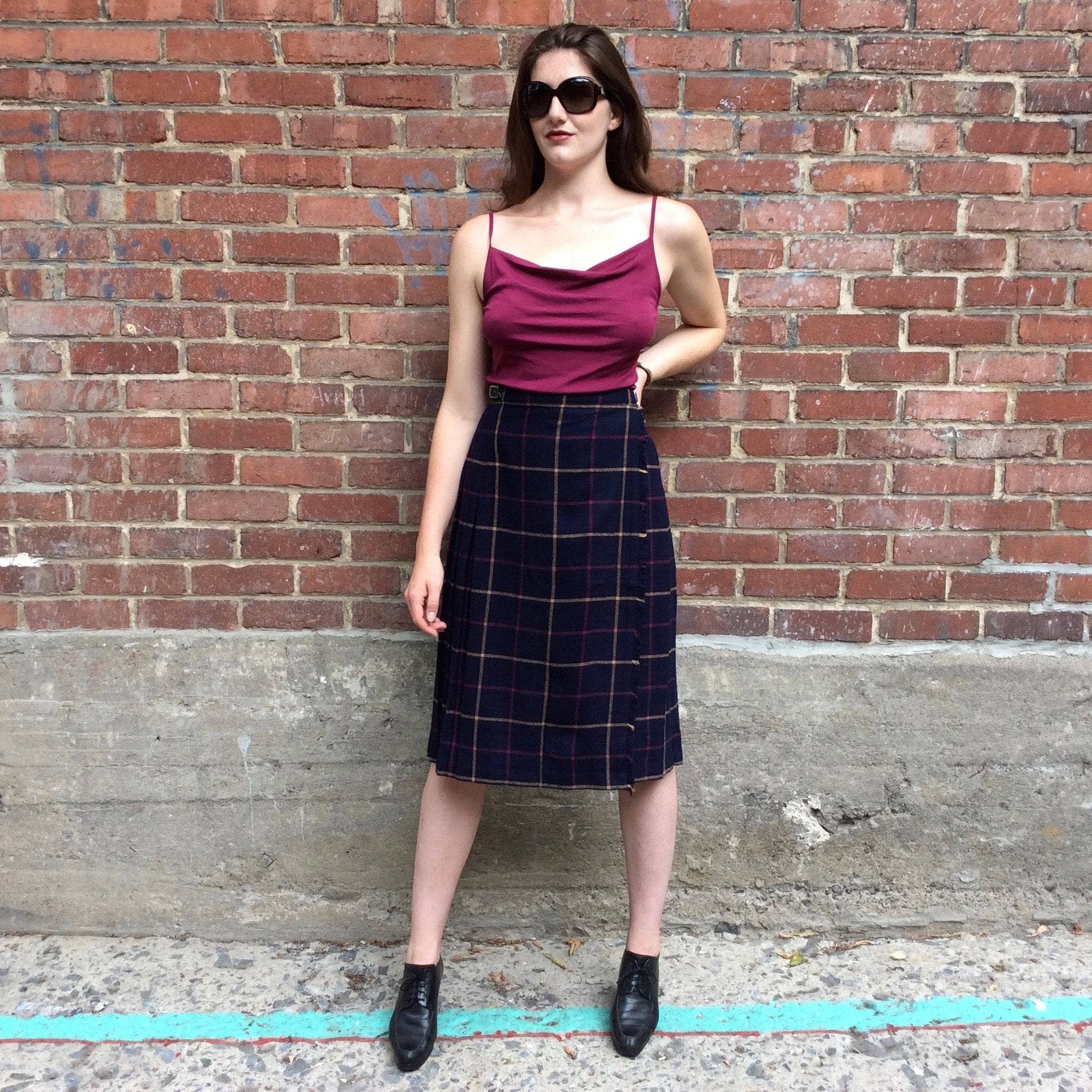 Midi-Length Pleated Tartan Wool Skirt Small-Medium