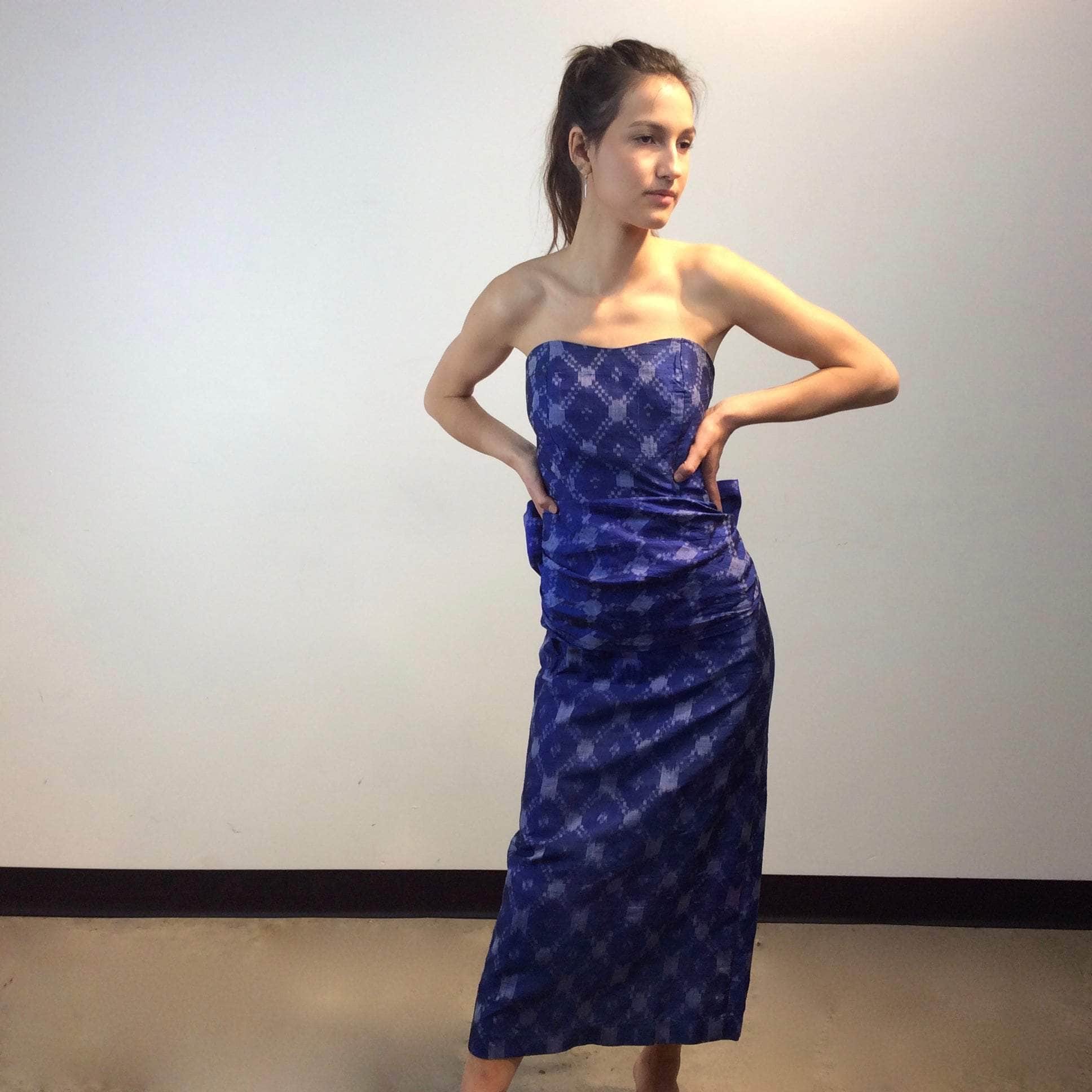 Midnight Blue Strapless Ikat Silk Midi Dress Extra-Small