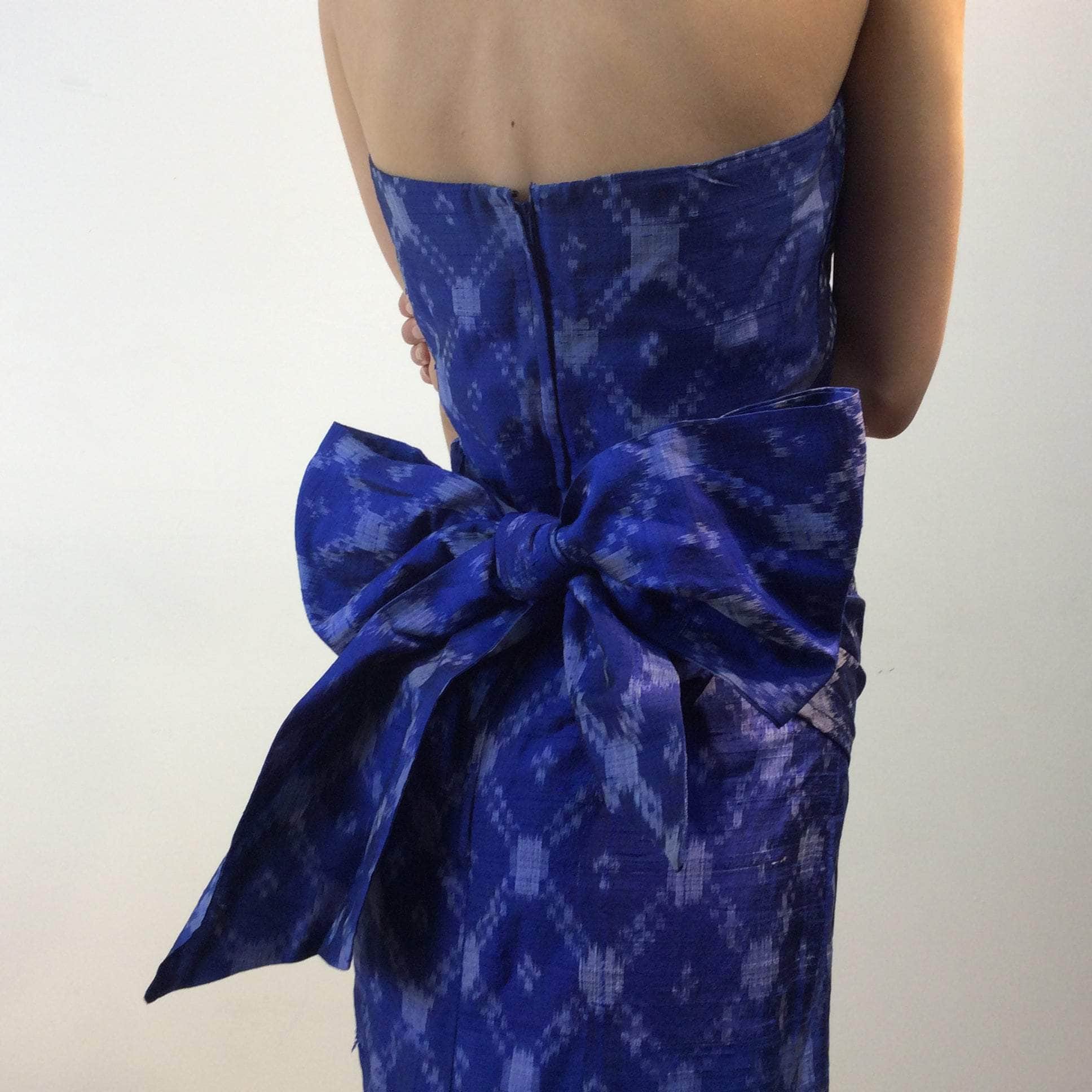 Midnight Blue Strapless Ikat Silk Midi Dress Extra-Small - Image 2