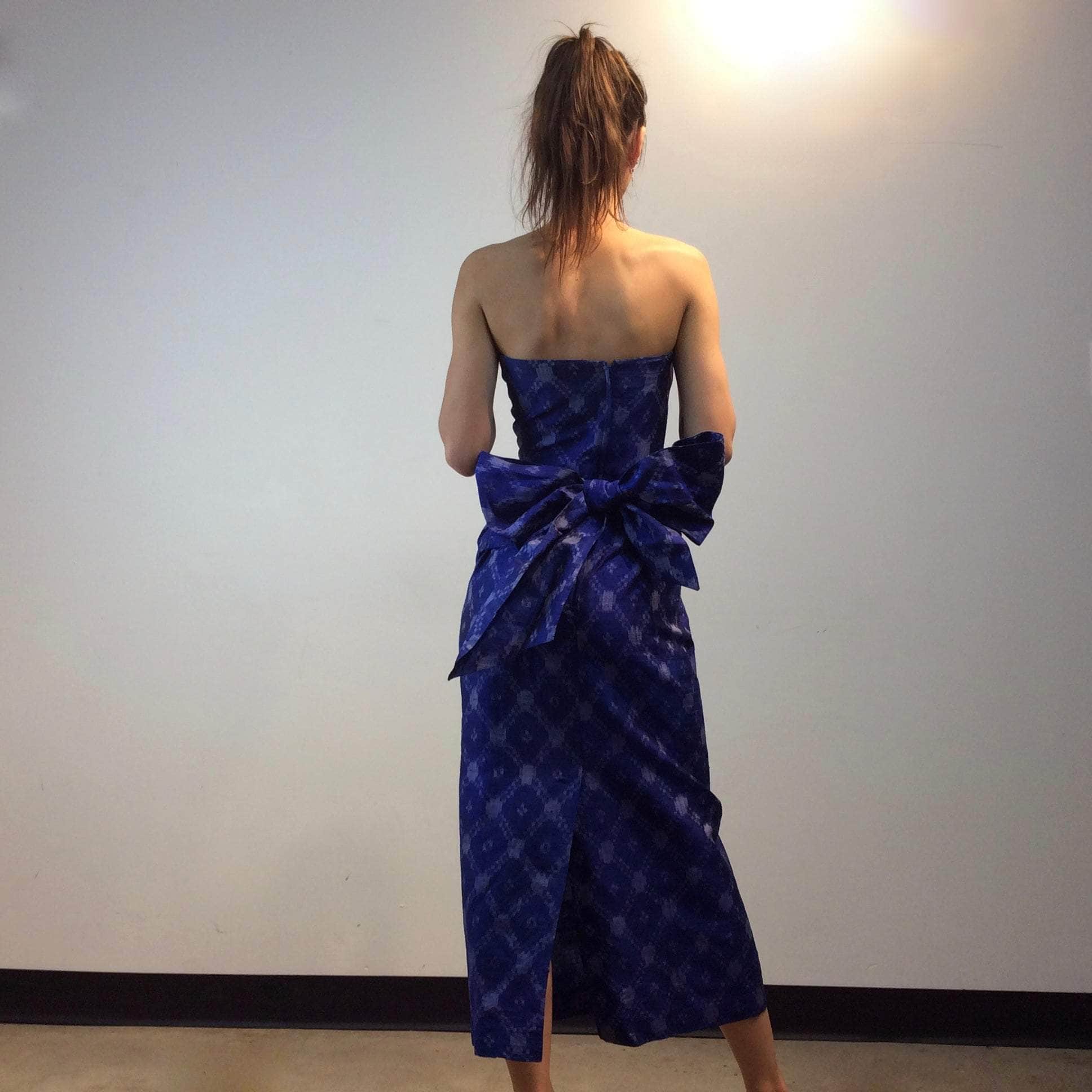 Midnight Blue Strapless Ikat Silk Midi Dress Extra-Small - Image 3