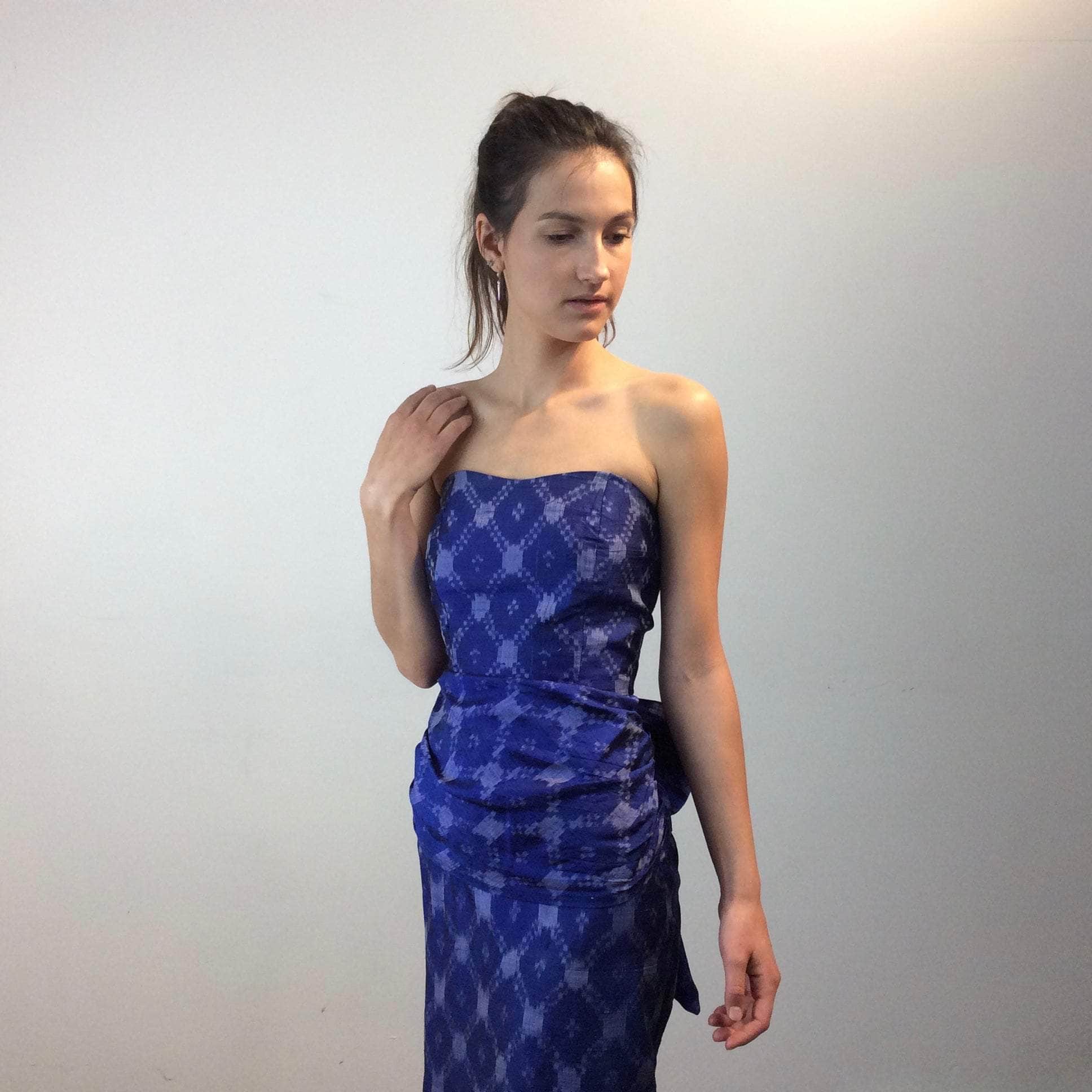 Midnight Blue Strapless Ikat Silk Midi Dress Extra-Small - Image 4