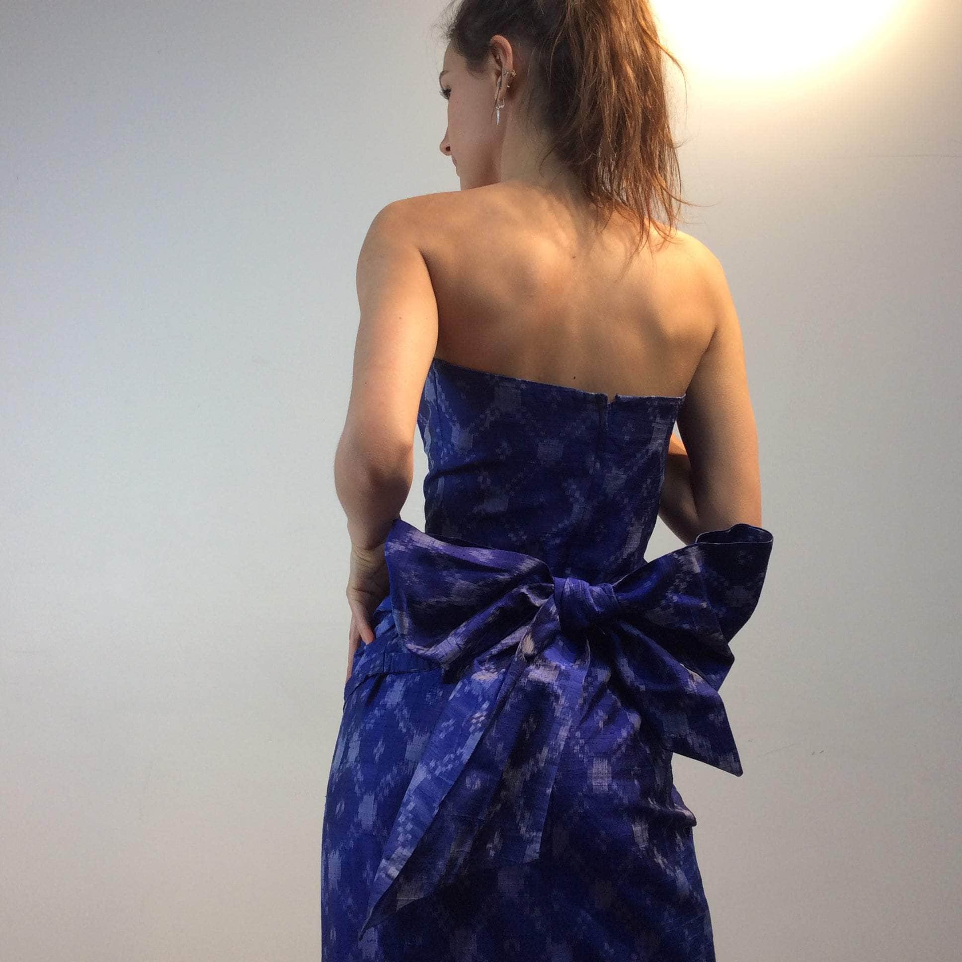Midnight Blue Strapless Ikat Silk Midi Dress Extra-Small - Image 5