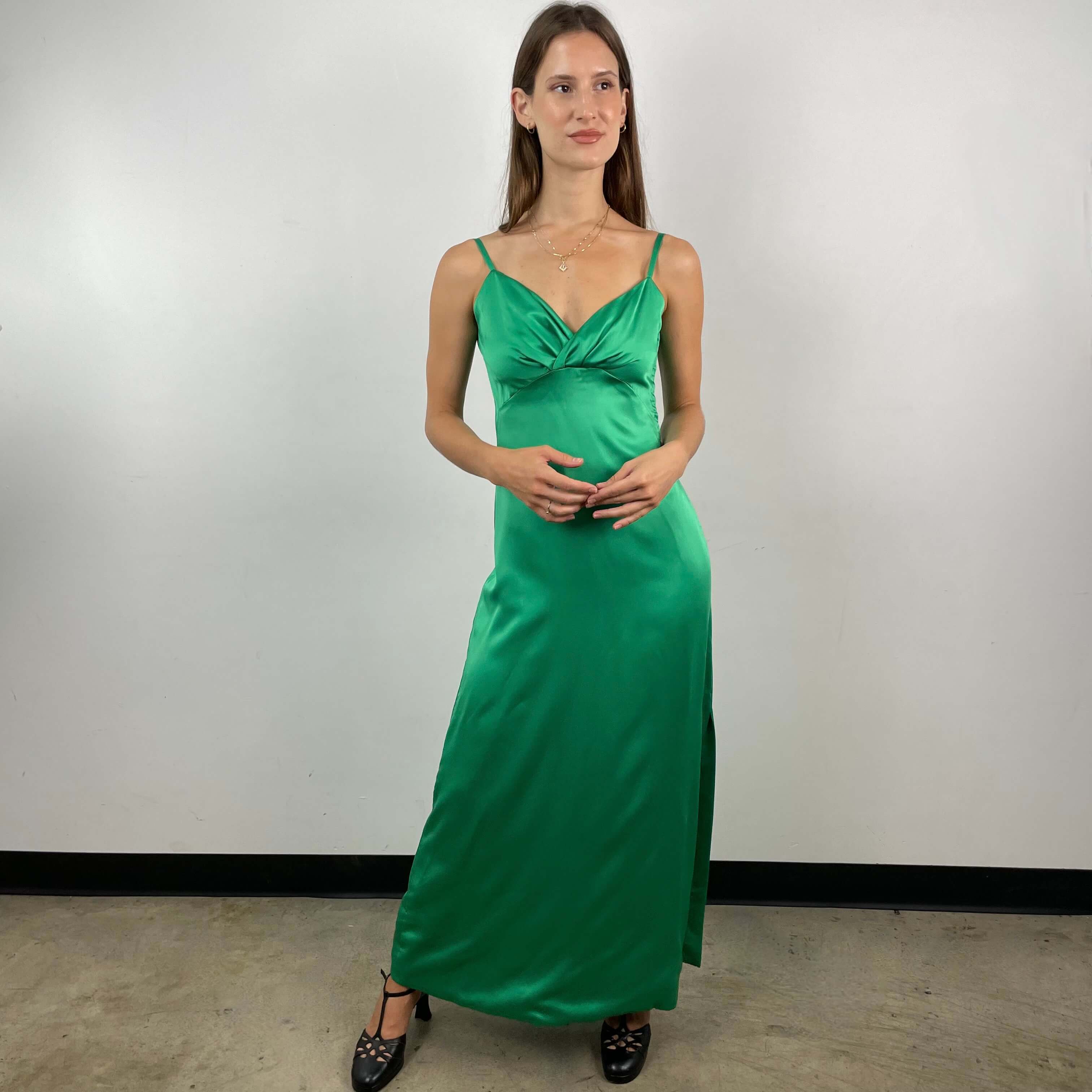 Open Back Green Satin Gown Small