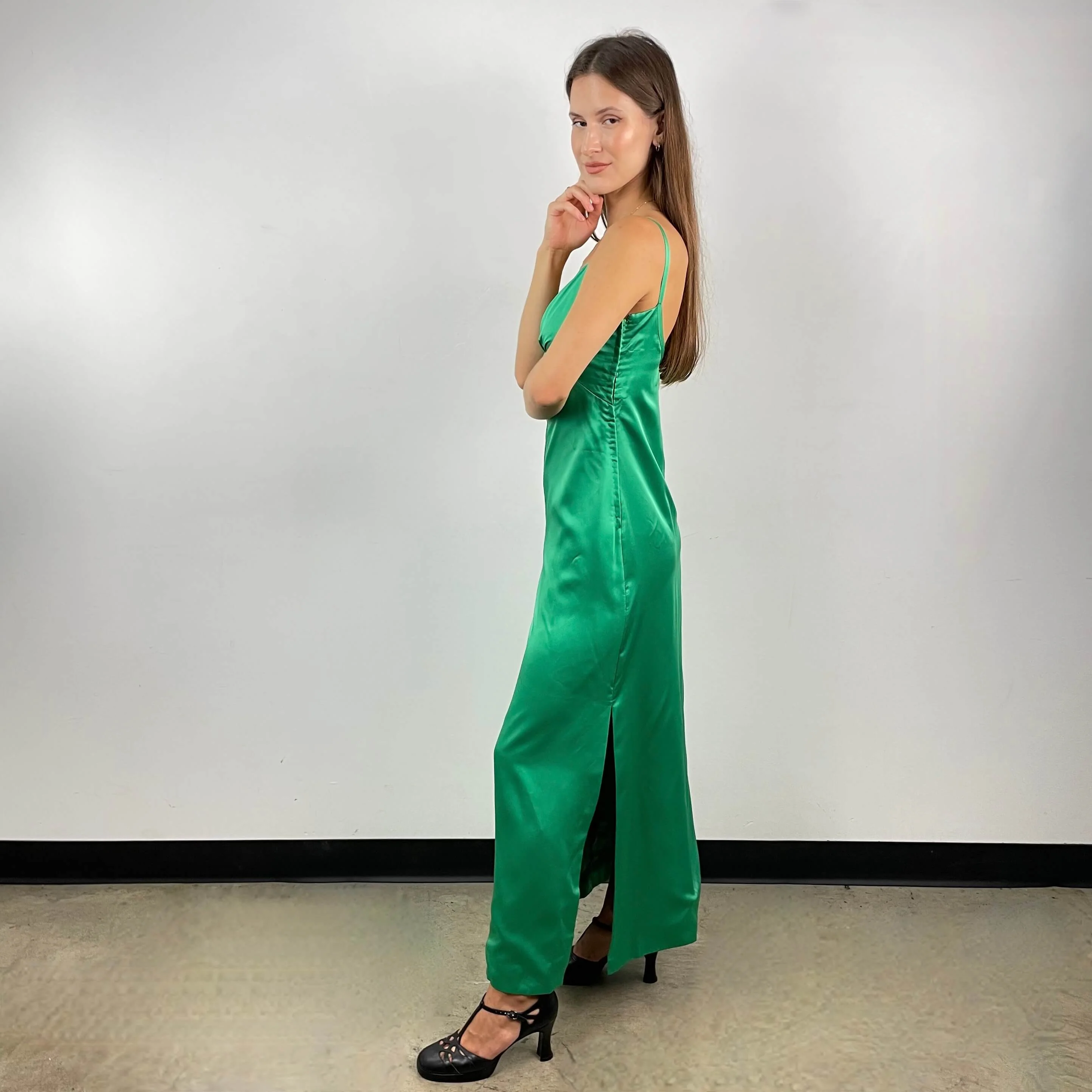 Open Back Green Satin Gown Small - Image 3