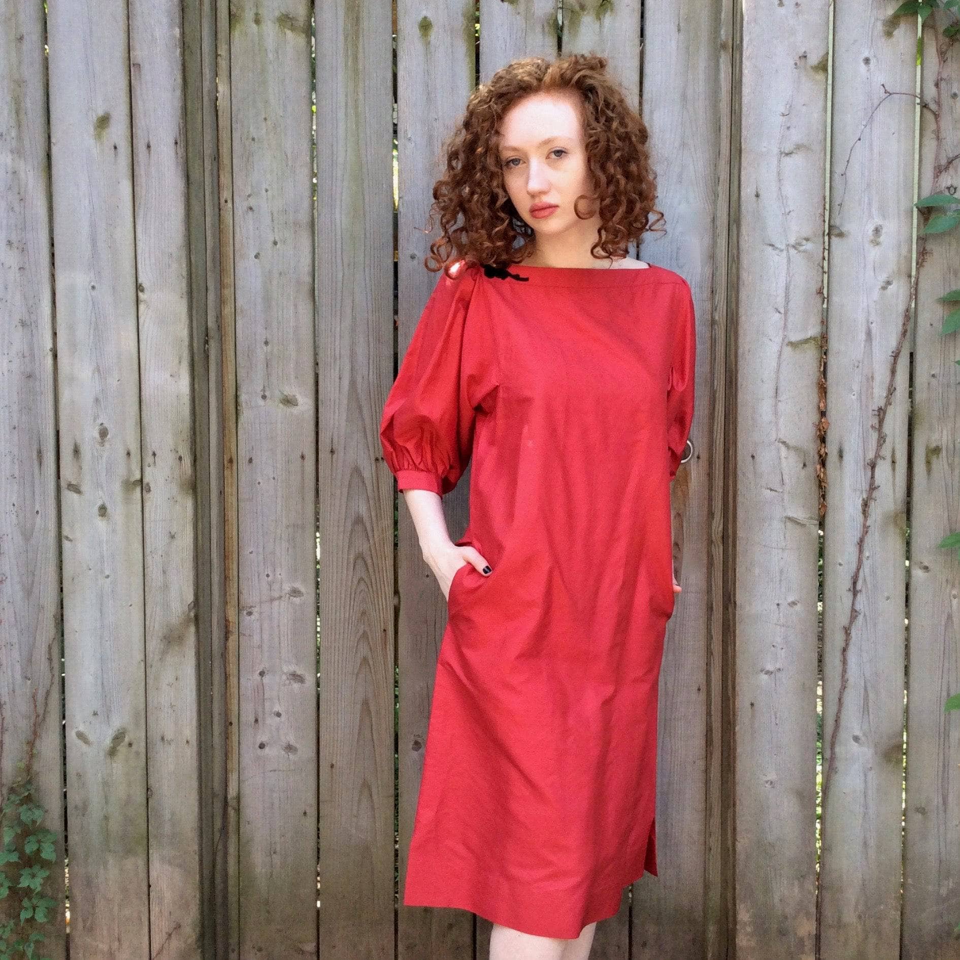 Puffy Sleeve Red Silk Midi Dress Small/Medium - Image 3