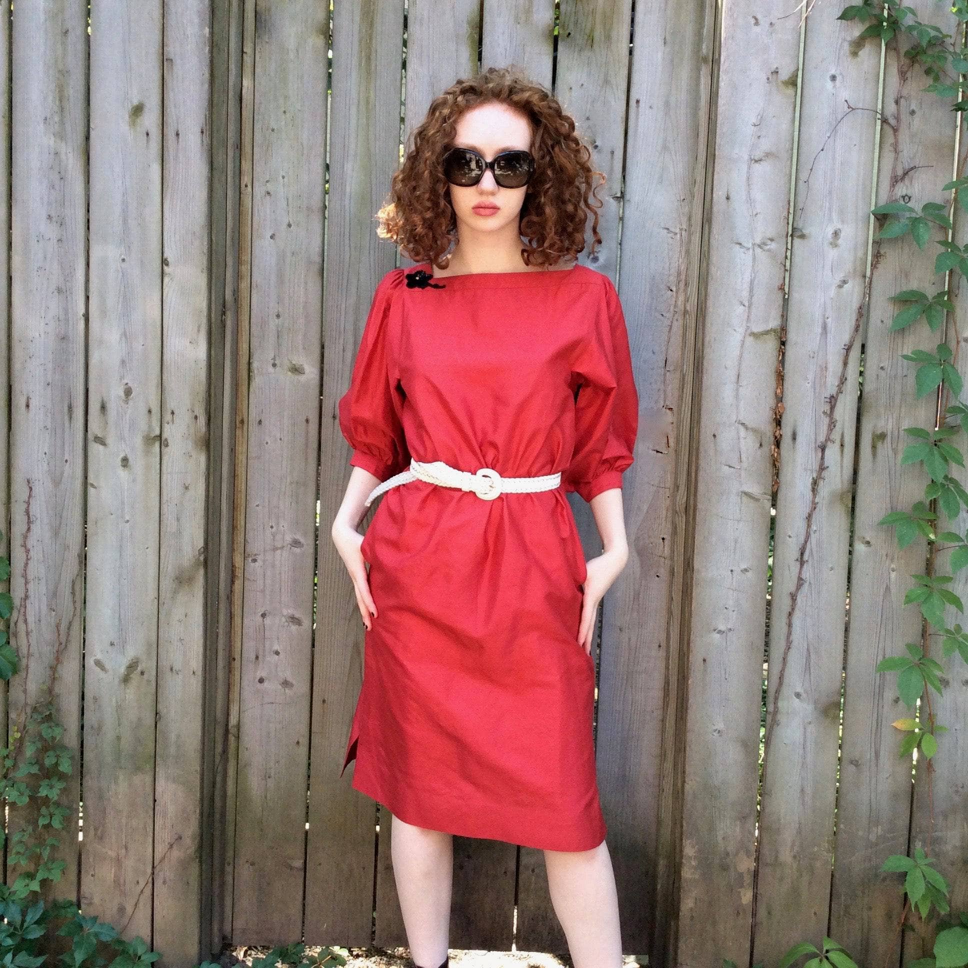 Puffy Sleeve Red Silk Midi Dress Small/Medium - Image 4
