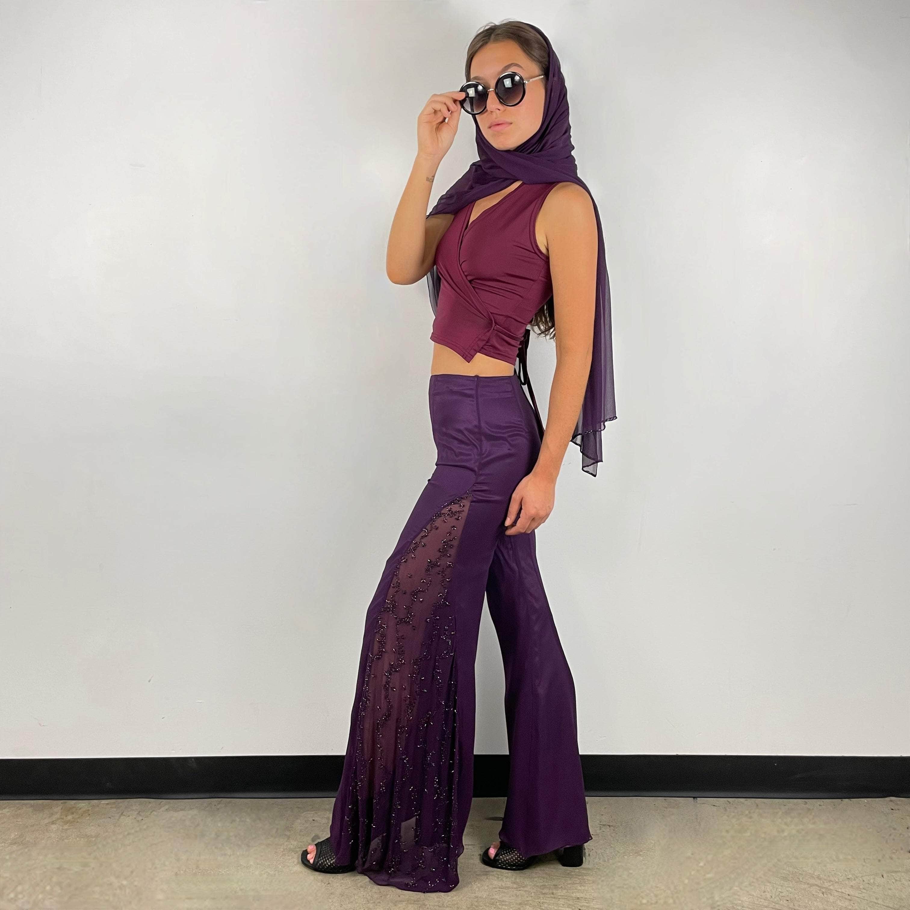 Purple Mid-Rise Sheer Flared Pants with Beading X-Small / Small