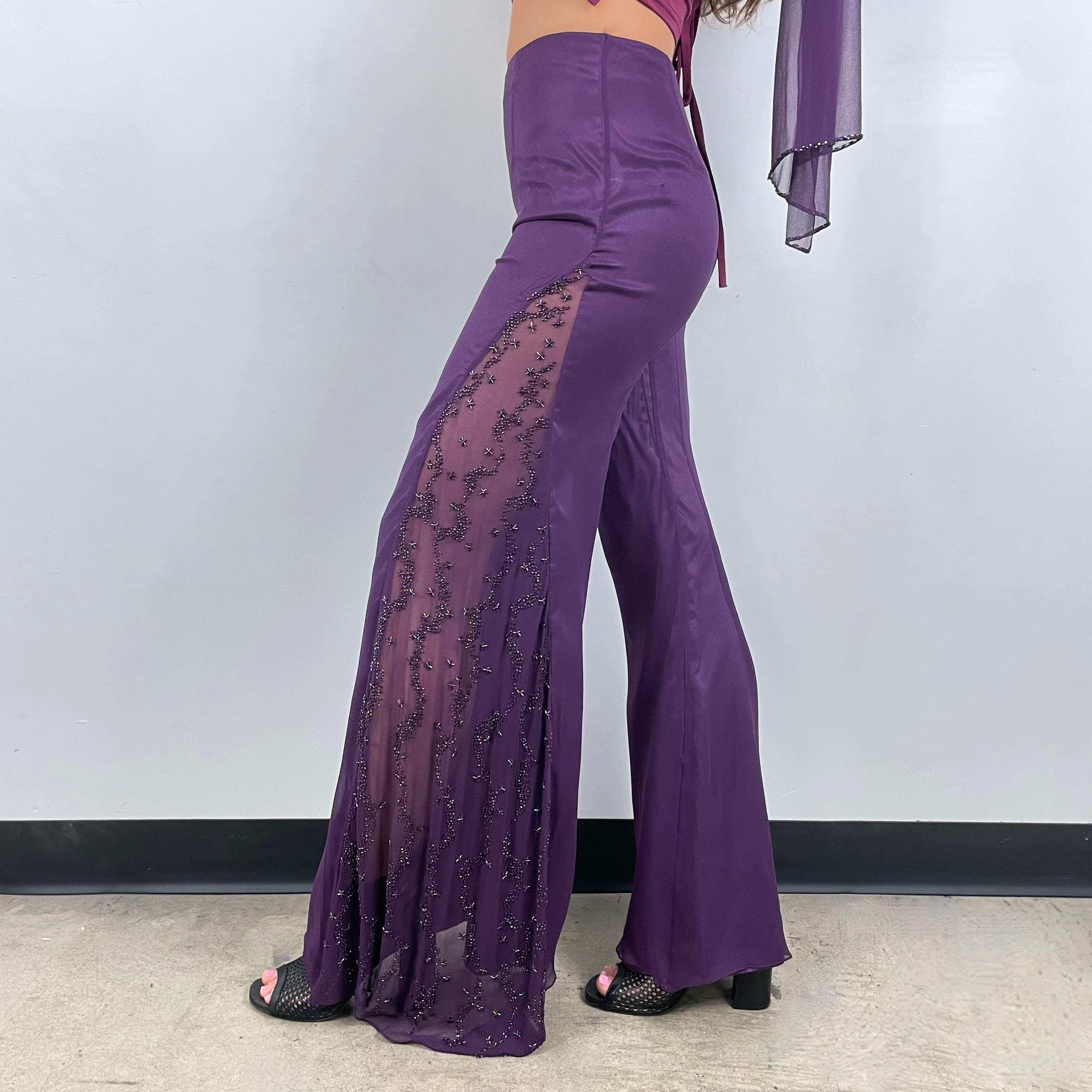 Purple Mid-Rise Sheer Flared Pants with Beading X-Small / Small - Image 2
