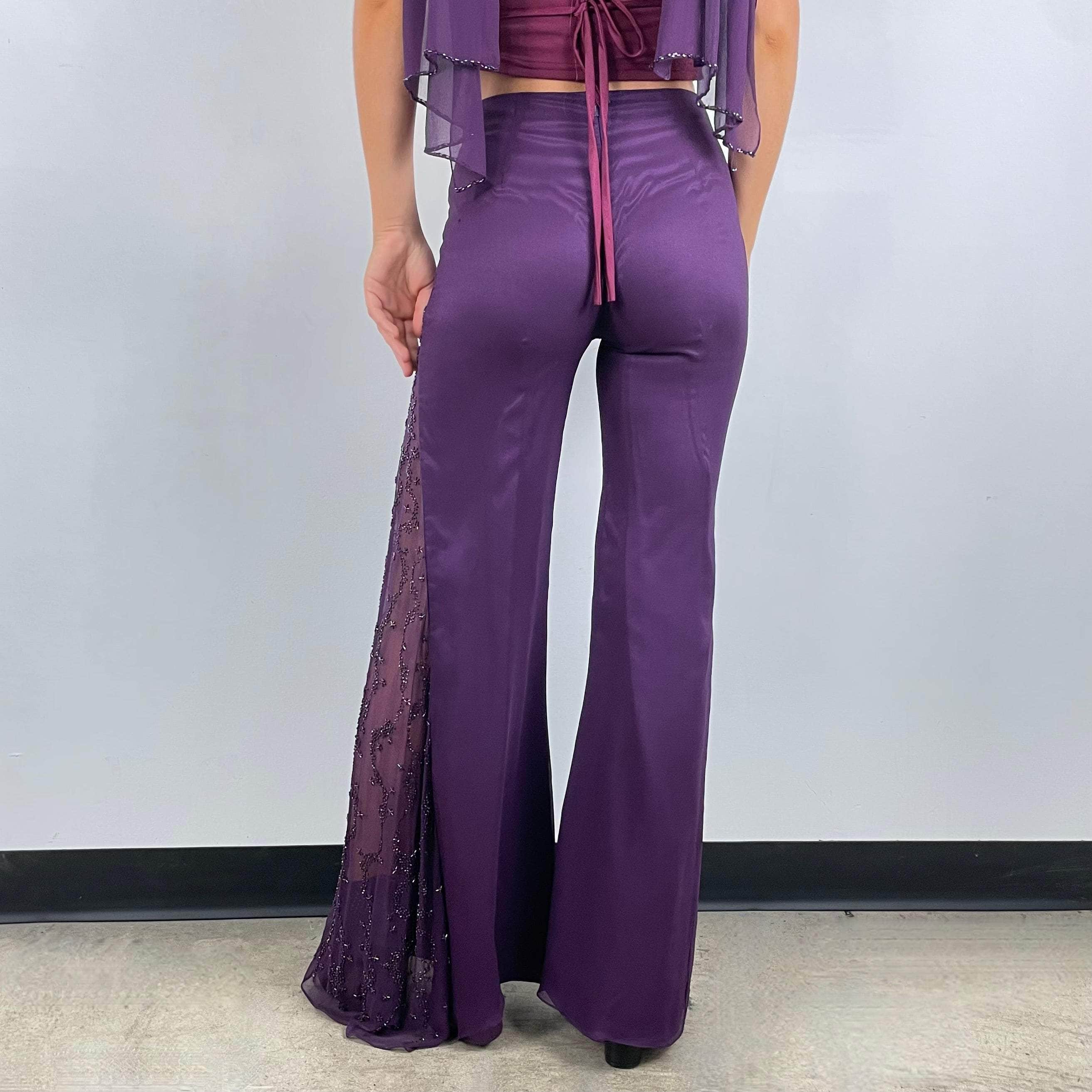 Purple Mid-Rise Sheer Flared Pants with Beading X-Small / Small - Image 3
