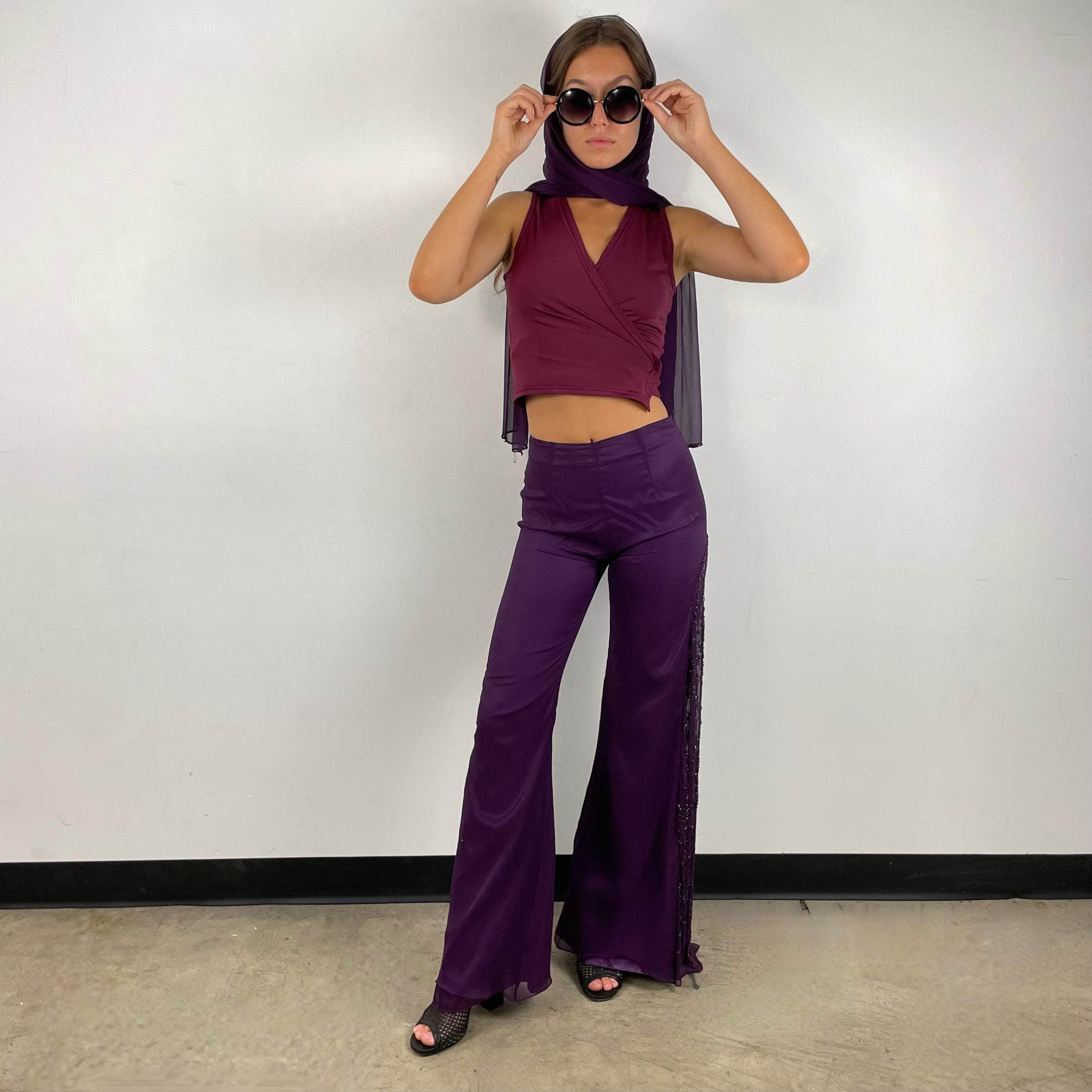 Purple Mid-Rise Sheer Flared Pants with Beading X-Small / Small - Image 4